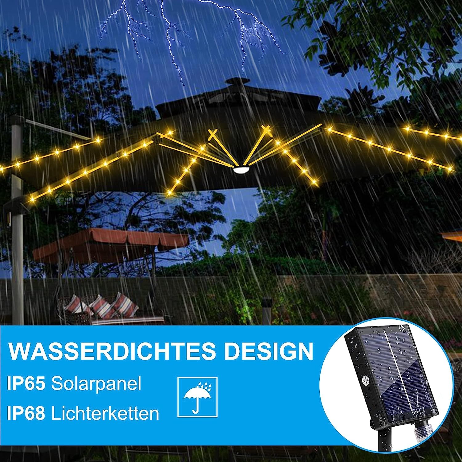 AMZSTAR Solar Patio Umbrella Light with 8 Lighting Modes and Remote Control Cordless LED Umbrella Table Light Outdoor Lighting Beach Tent Garden Camping Party Decoration (Warm White)