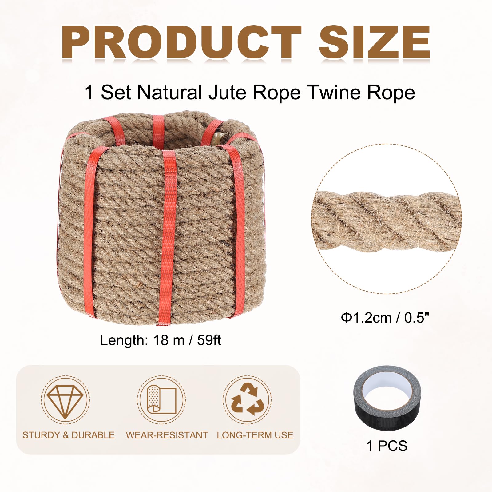 QUARKZMAN Corda Di Juta 0.5 Pollice X 59 Piedi Spessa Naturale Intrecciata