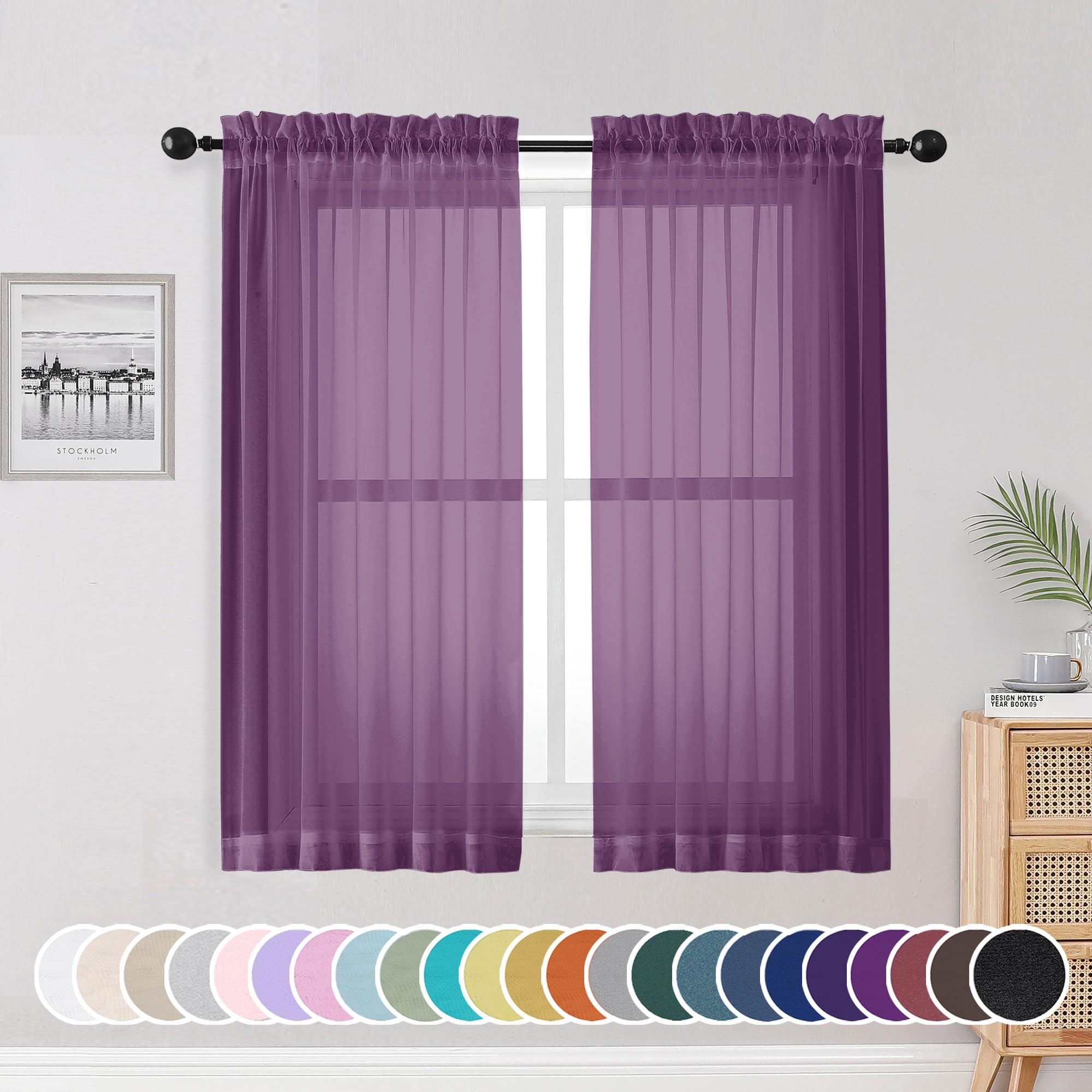 Sheer Curtains 54 Inch Length 2 Panels Set, Plam Clear Sheer Short Curtains for Small Window, Light Filtering Clear Curtains Sheer, 2 Pcs 84 Width 54 Long, Plam