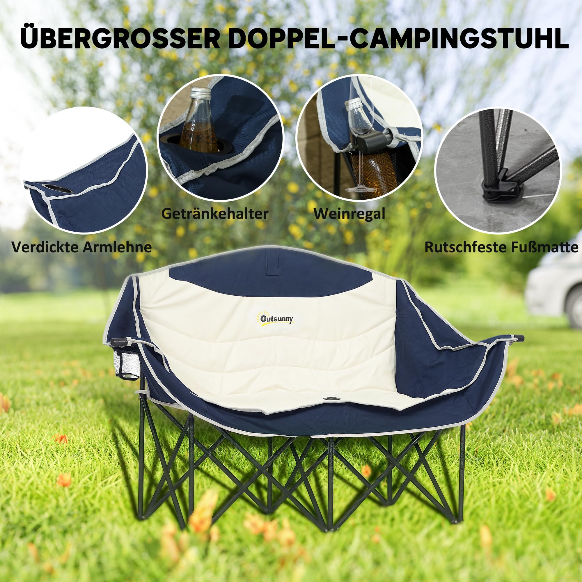 Outsunny Chaise Camping Double avec Porte-gobelet Sac 551 LB Bleu Marine | Porte-gobelet, porte-verre à vin, sac de transport, causeuse pliante, randonnée, pique-nique, plage