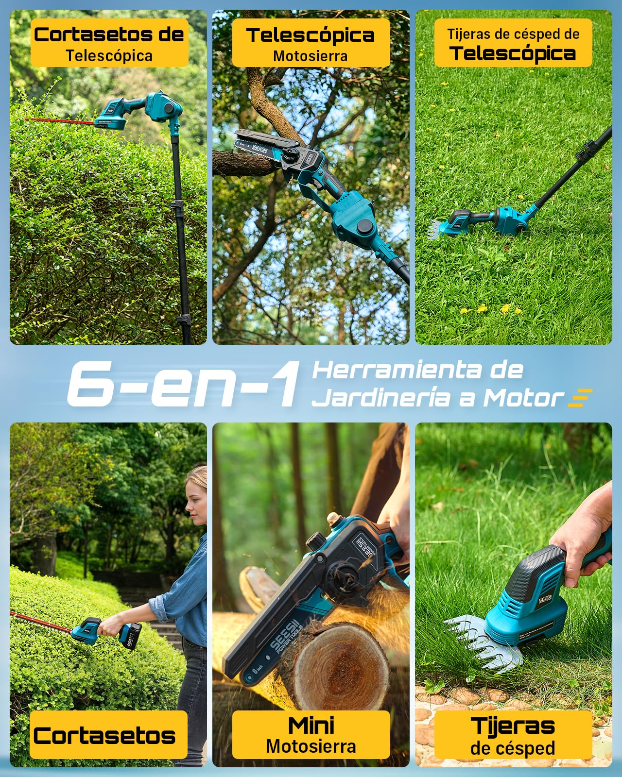 SEESII 6-en-1 Mini Motosierra y Cortasetos a Batería, con 2 * 4000mAh Baterías, Motosierra Electrica con Pértiga Telescópica, Alcance Máximo de hasta 4,57 m, con 30 ml Tanque de Aceite