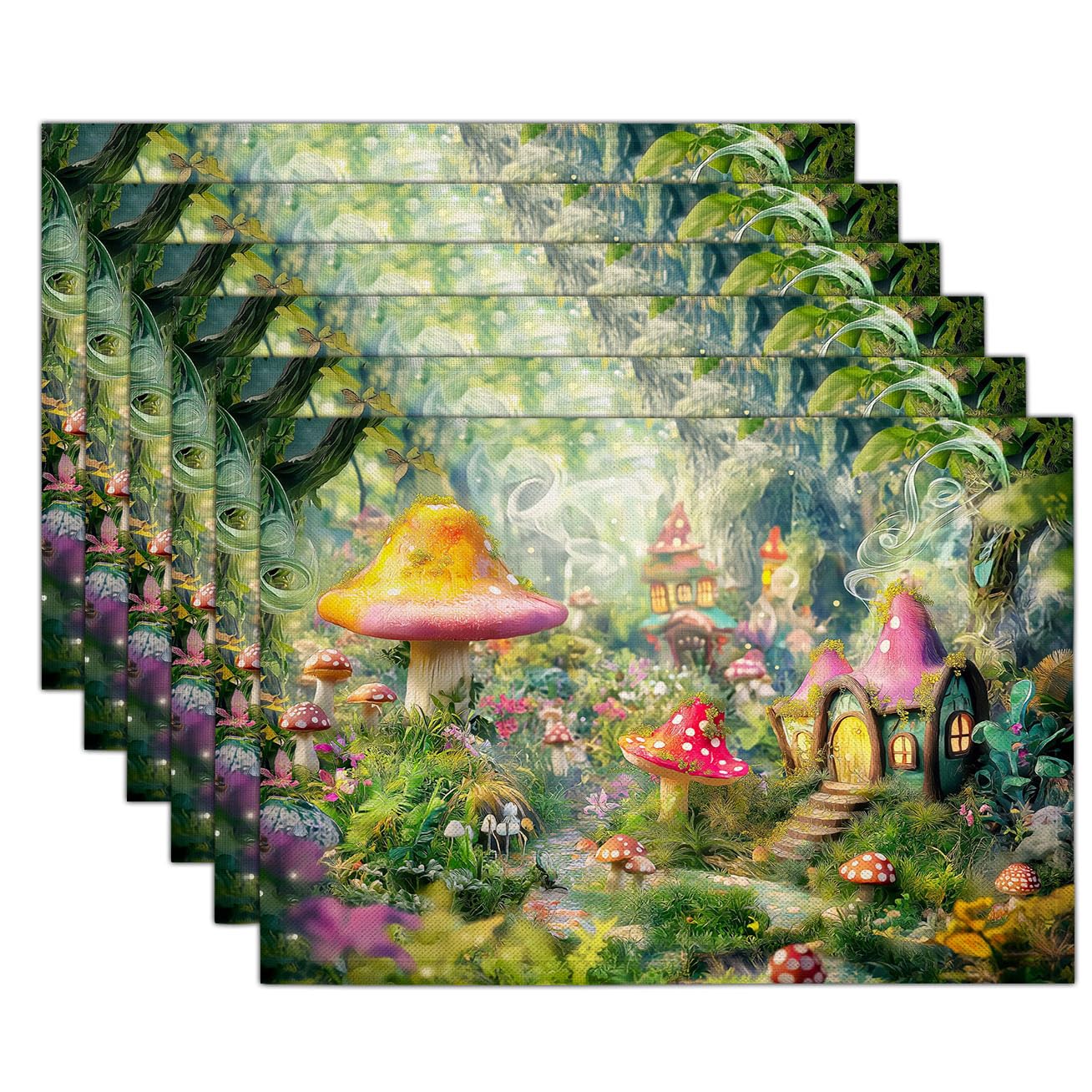 Set Di 8 Tovagliette Lavabili Casa Fungo Dei Cartoni Animati Tovaglietta Con Foresta Fantasy Resistenti Al Calore, Sottopiatti Verde Smeraldo Facile Pulizia Antiscivolo Per Tavolo Da Cucina, 45X30Cm