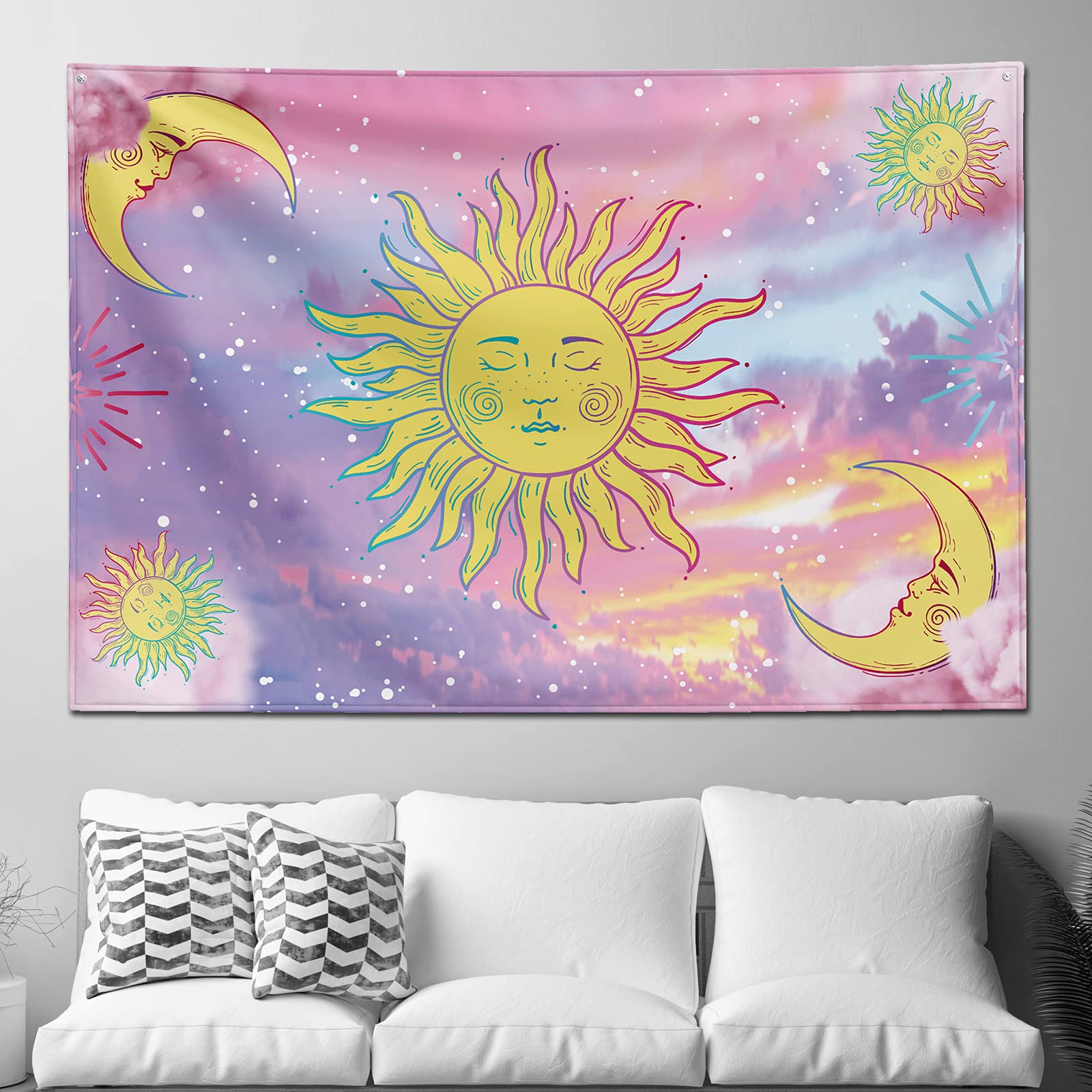 Q-BAO Sun and Moon Tapestry Aesthetic Psychedelic Burning Sun and Moon Pastel Pink Tapestry Wall Hanging for Bedroom Teen Girl Living Room Decor (61 inch x41 inch , Moon and Sun Tarot), colorful