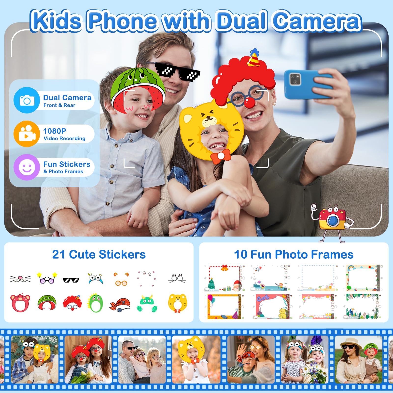 Smartphone per bambini con doppia fotocamera, touchscreen da 4,08 pollici, per ragazzi e ragazze dai 3 ai 10 anni, giocattolo didattico con videoregistratore, modalità selfie, batteria