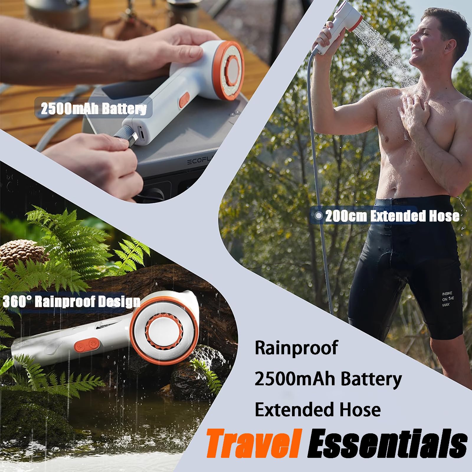 Ducha portátil para camping, bomba de ducha recargable con tubo de agua de 2 m, duración de la batería de 90 minutos, IPX6, impermeable, kit de ducha para exteriores para senderismo y viajes