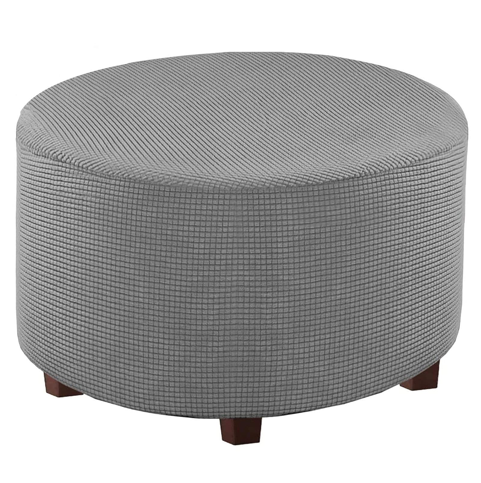 JHLD Round Stretch Ottoman Cover, Thickened Plaid Spandex Ottoman Slipcover Removable Pedal Protective Cover For Living Room-Gray A-Large
