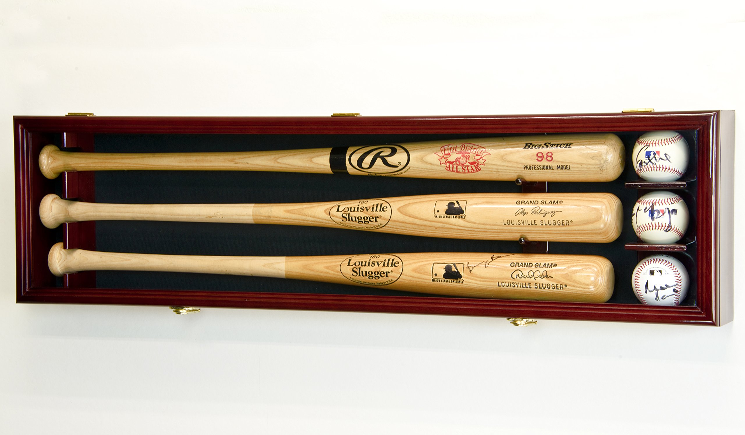 3 Baseball Bat Display Case Cabinet Holder Wall Rack Custom Options 98% UV - Lockable (Cherry Wood Finish, Black Felt - Horizontal Mounting)