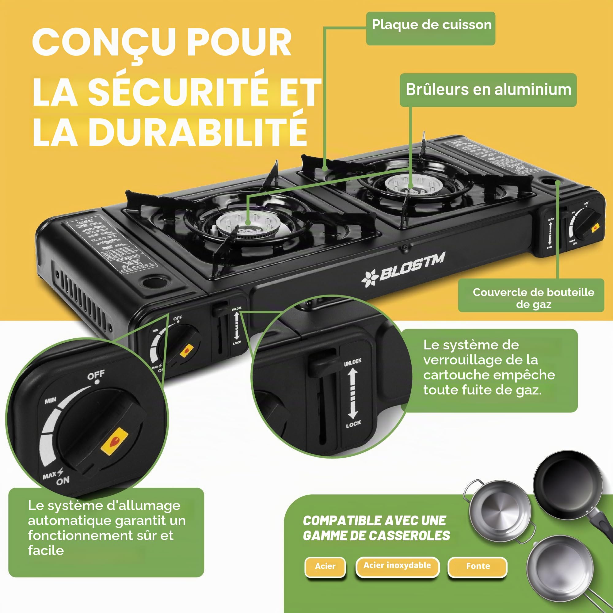 BLOSTM Réchaud de camping portable à gaz – Réchaud de camping à double brûleur avec système d'allumage automatique, contrôle de la température – Utilisation avec gaz butane ou GPL – Réchaud de camping