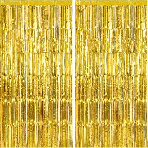 Cart In Mart Premium Gold Foil Fringe Curtain Backdrop Metalic Tinsel Decoration - 1x2m - 2 Pack- Gold