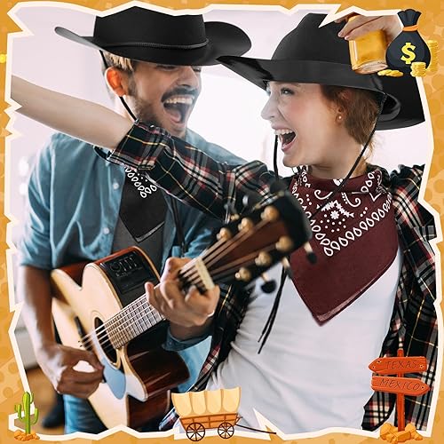 Miniatura 6 de Hillban Paquete de 48 sombreros de vaquero y bandanas, sombreros de vaquero de plástico de fieltro para mujeres y hombres, suministros de fiesta del