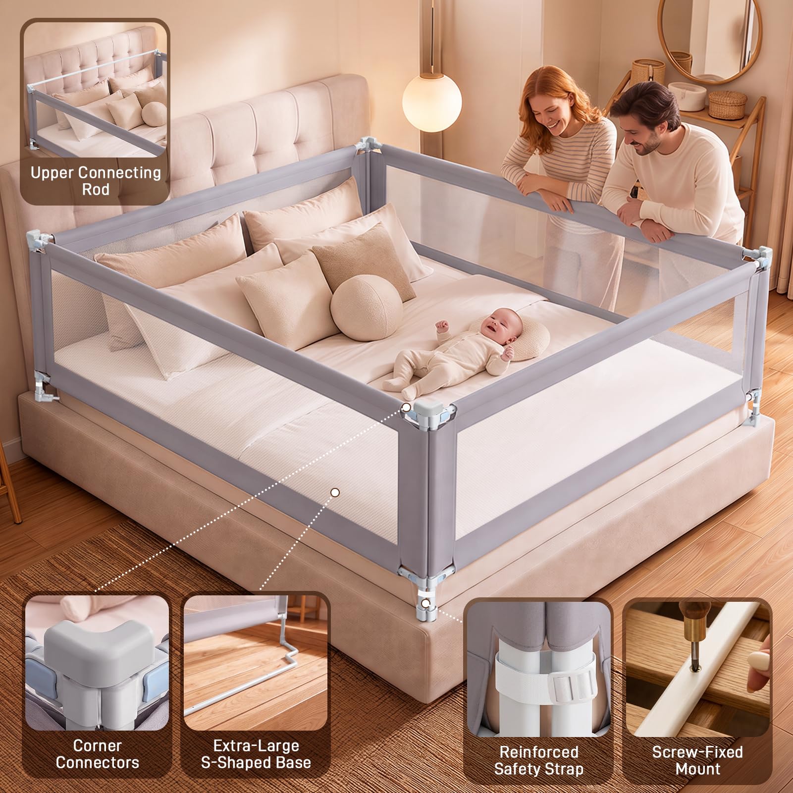 Sponda di protezione per letto per bambini, 190 cm, di sicurezza, per bambini, con base rinforzata a forma di S