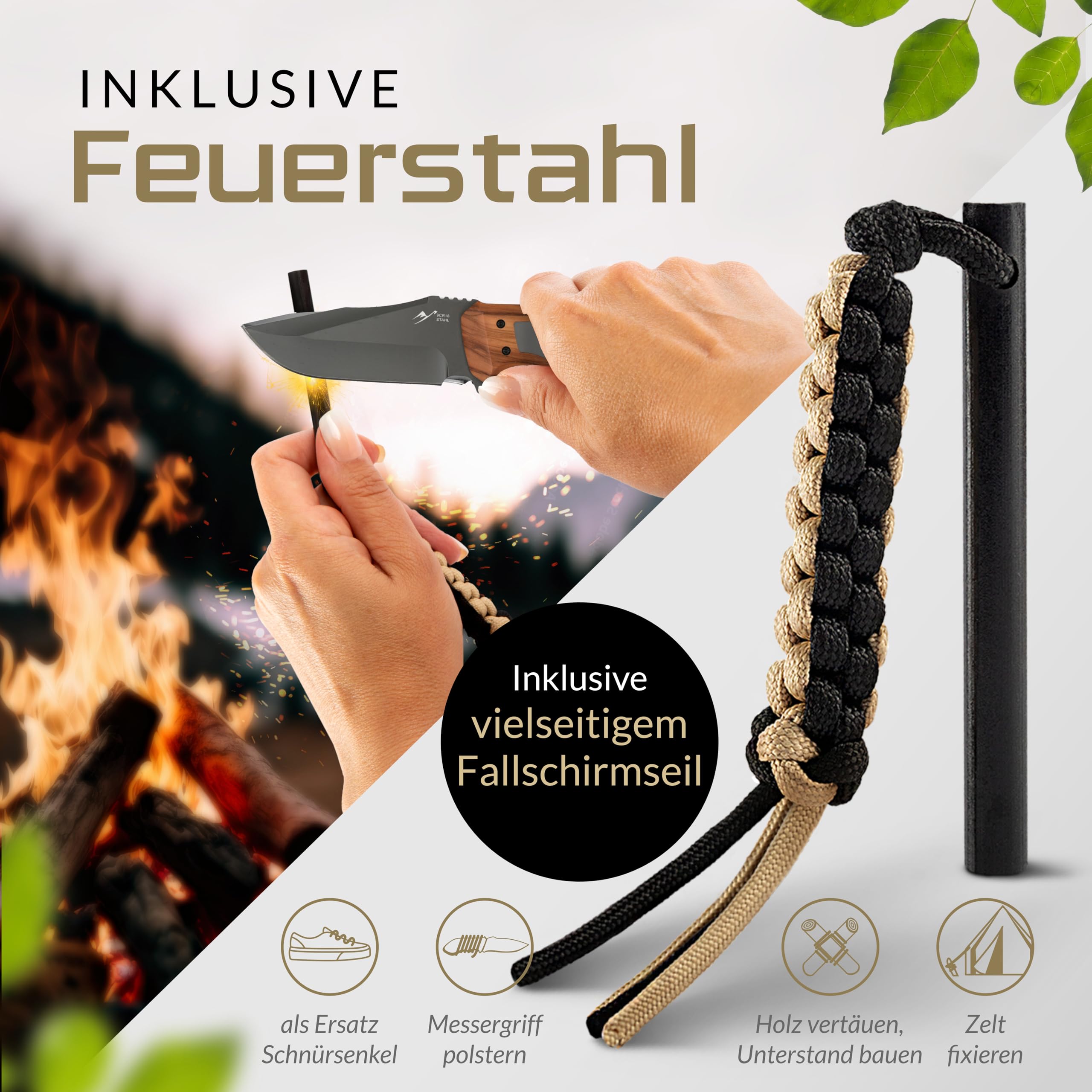 BERGKVIST® Bushcraft nóż ONE ze stałym ostrzem Full Tang (9,7 cm) – dopuszczony do przewożenia w Niemczech – nóż survivalowy do użytku na zewnątrz z uchwytem z prawdziwego drewna, kaburą, krzesiwem i