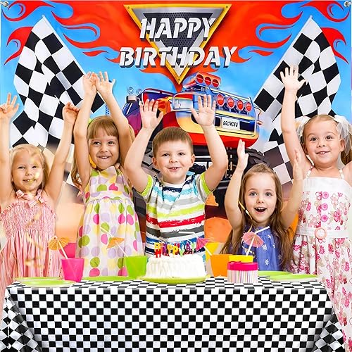 Miniatura 7 de Irenare Los suministros de fiesta de Monster Truck incluyen 1 telón de fondo de camión monstruo, 1 mantel de bandera de plástico a cuadros, telón de