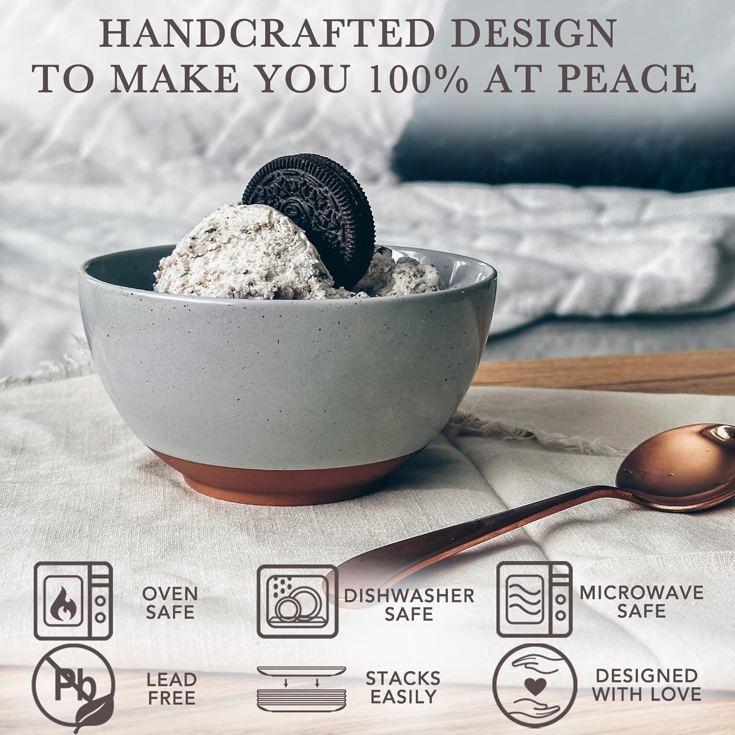 Mora Ceramic Small Dessert Bowls - 16oz, Set of 6 - Microwave, Oven and Dishwasher Safe, For Rice, Ice Cream, Soup, Snacks, Cereal, Chili, Side Dishes etc - Microwavable Kitchen Bowl, Earl Grey - Image 4