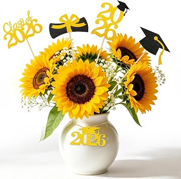 20 Pcs 2026 Graduation Party Centerpiece Sticks with Two Usage Methods, Glitter Graduation Cap Decor and Twine,Graduation Centerpieces for Table, Cake Topper Decor Gold