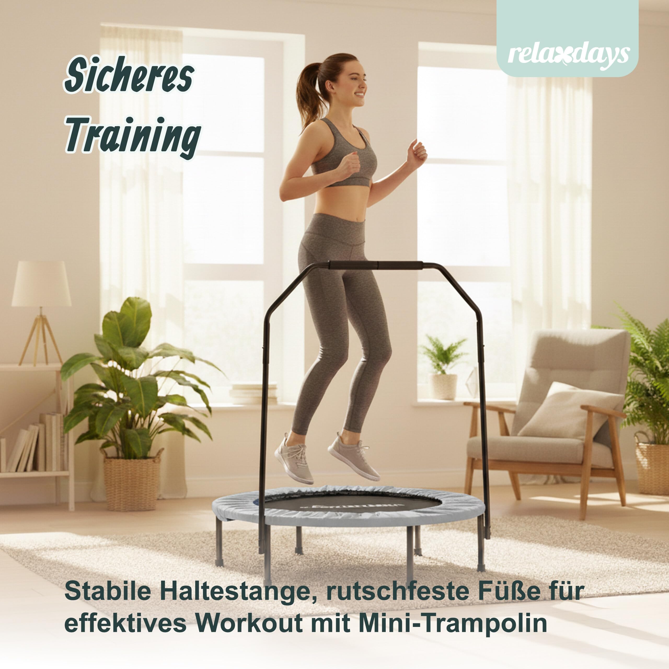 Relaxdays Trampolin mit Haltestange, Ø 102 cm, faltbares Minitrampolin bis 120 kg, Fitnesstrampolin Indoor, grau