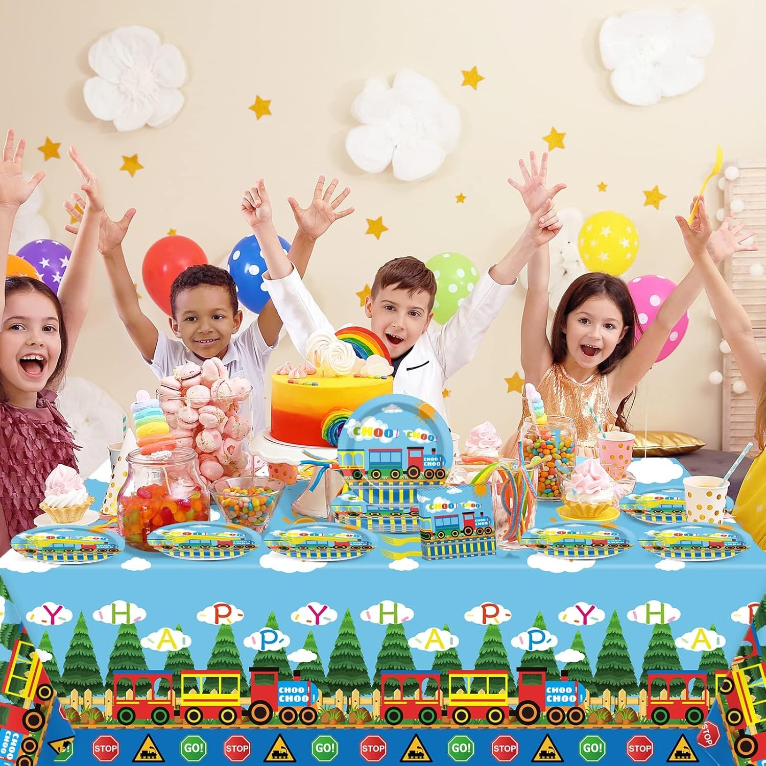 61 Pcs Train Birthday Decorations Chugga Choo Party Tableware Set Cartoon Car Plates Napkins and Tablecloth Transportation Themed Supplies for Birthday Parties Family Gathering Dinner Serve 20 Guests - Image 6