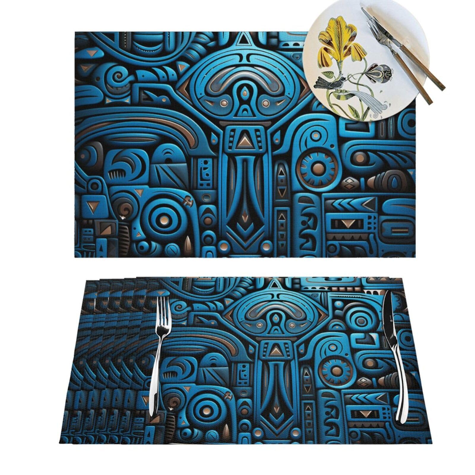 Lot de 6 sets de table de salle à manger en PVC tressé bleu noir lavable et durable