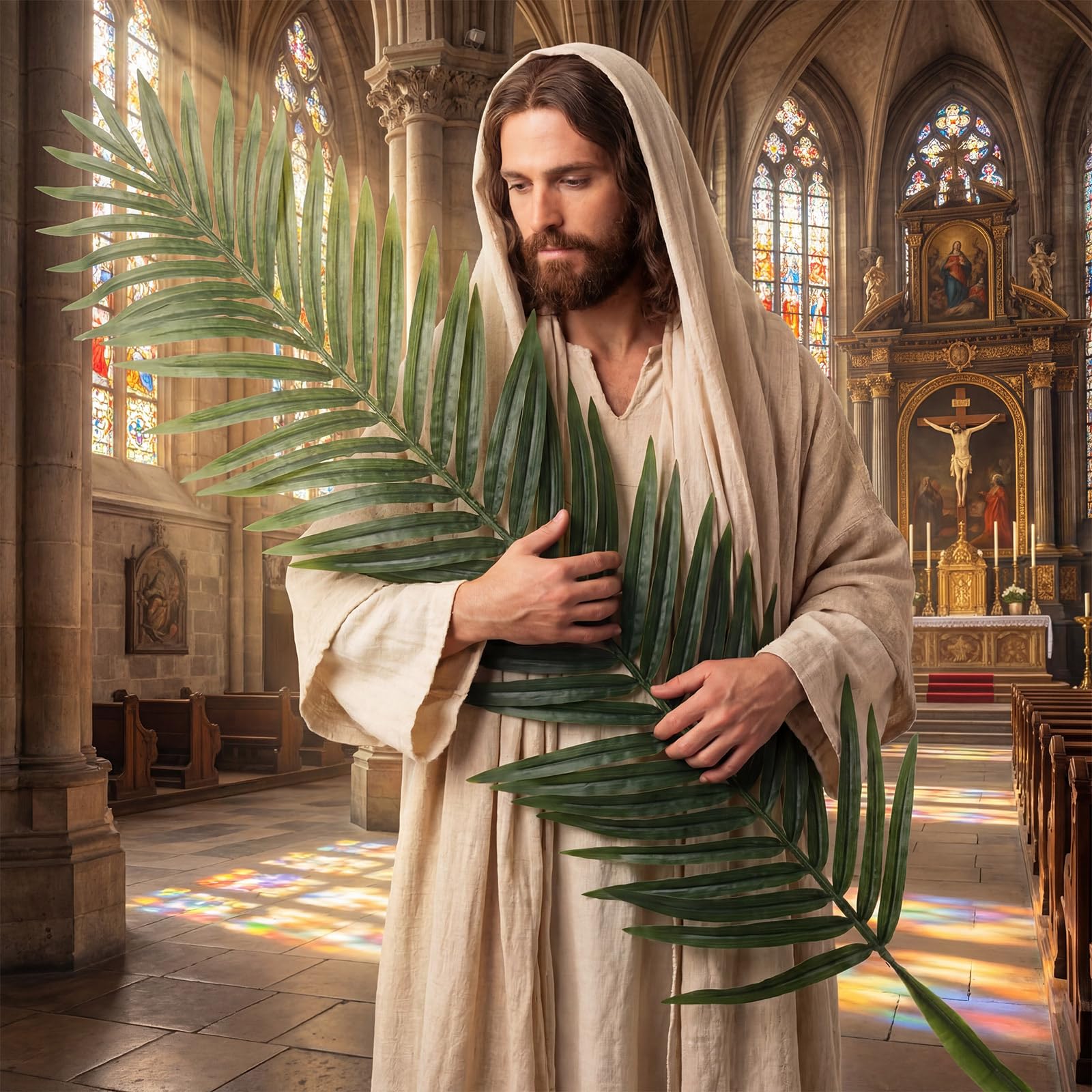 Photo 1 of Giegxin 1 PC 55 Inch Palm Branches Leaves for Palm Sunday Easter Palms Fronds Artificial Leaves Stem Religious Christian Decor for Easter Holy Week Floral Arrangement Supply Church Altar Decor