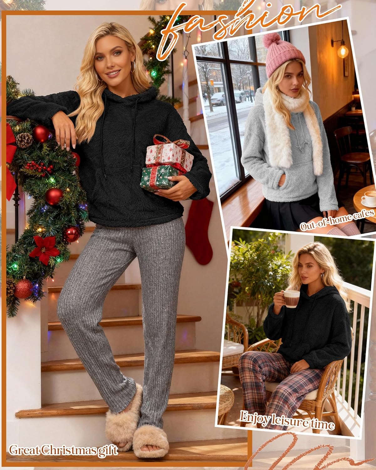 2 Pack Women's Double Fuzzy Fleece Hoodies, Kangaroo Pocket Pullover Winter Drawstring Oversized Loose Sweatshirts - Image 4