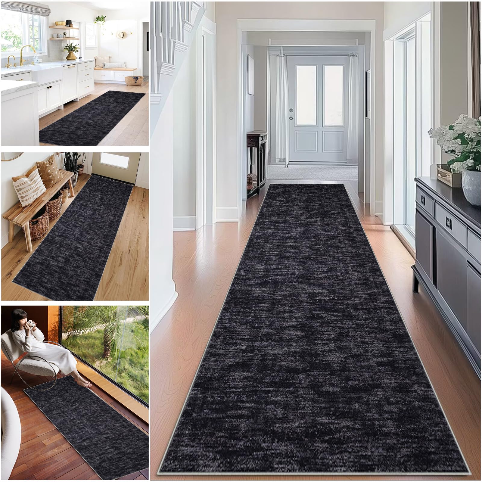 Tapis Couloir Long Tapis Cuisine Devant Evier Antidérapant et Lavable 70 x 280 cm Tapis d'entrée Interieur Paillasson Noir Tapis de Couloir Tapis de Passage pour Salon, Entrée, Chambre