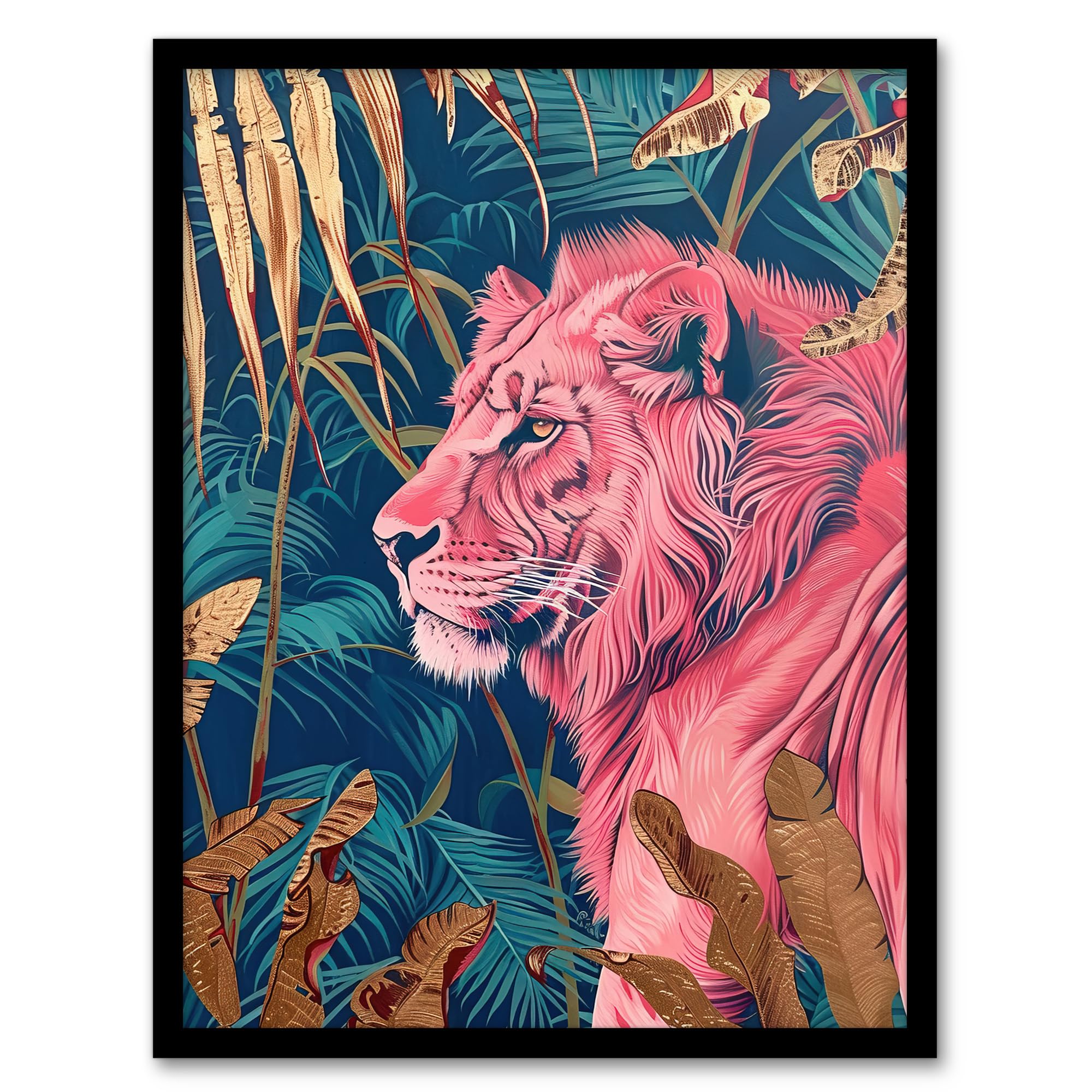 Artery8 Framed A4 Regal Pink Lion In Teal Blue Gold Tropical Jungle Living Room Artwork Framed Wall Art Print A4