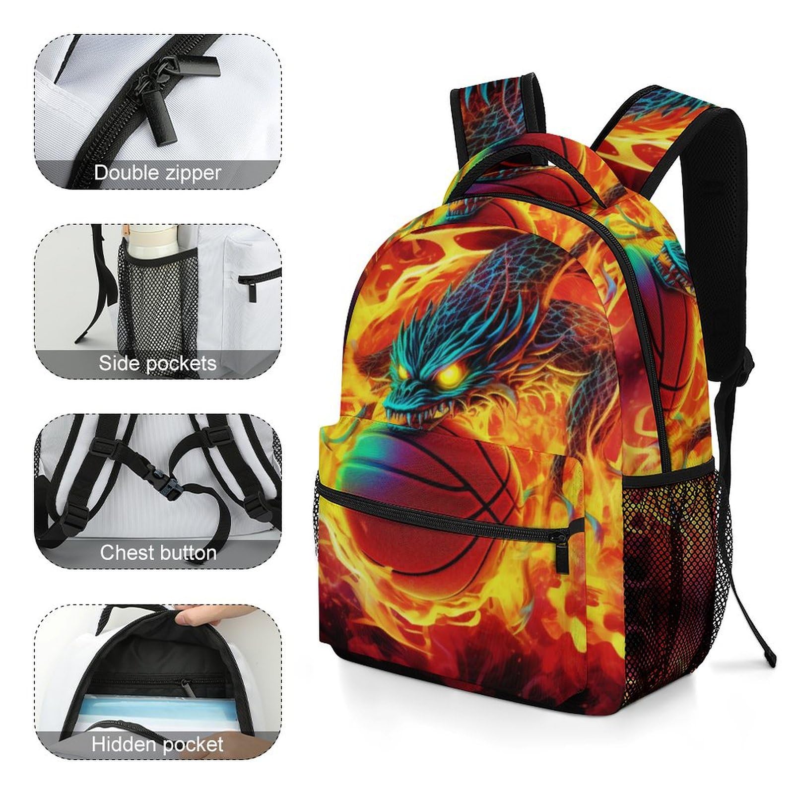 Sac À Dos Flamme basket Cartable Enfant Sport Sac D'école Sac De Voyage Sac De Livre Pour Garçons Filles One Size