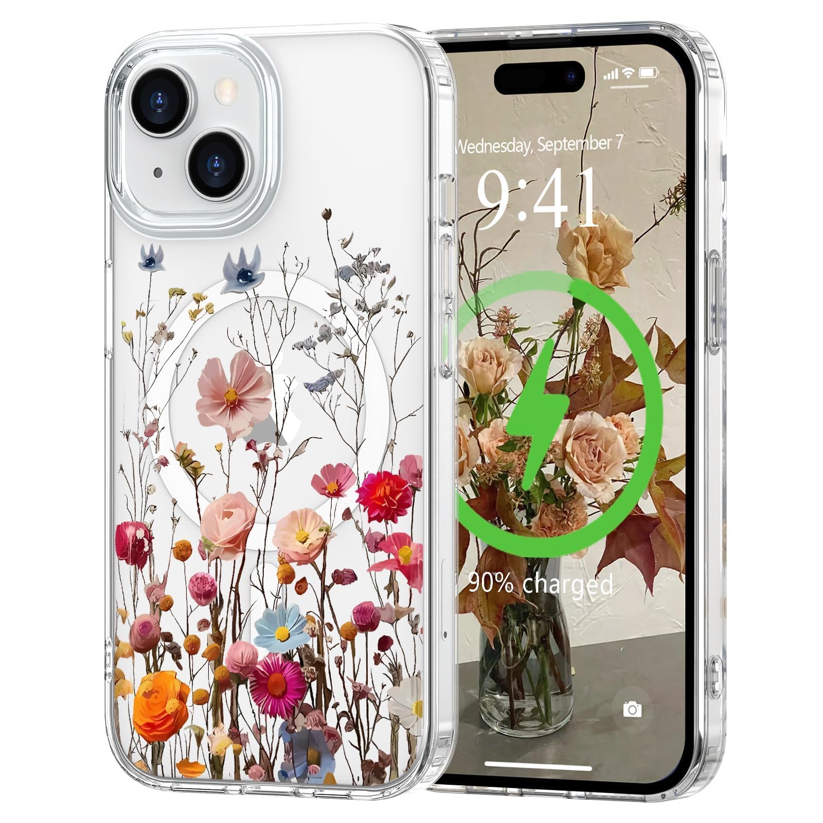 L-FADNUT Magnetisch Handyhülle für iPhone 15 Plus Hülle Kompatibel mit MagSafe, Transparent Blumen Muster Schutzhülle Hart PC Rückseite Dünne Stoßfest Kratzfestes Case für iPhone 15 Plus, Rot