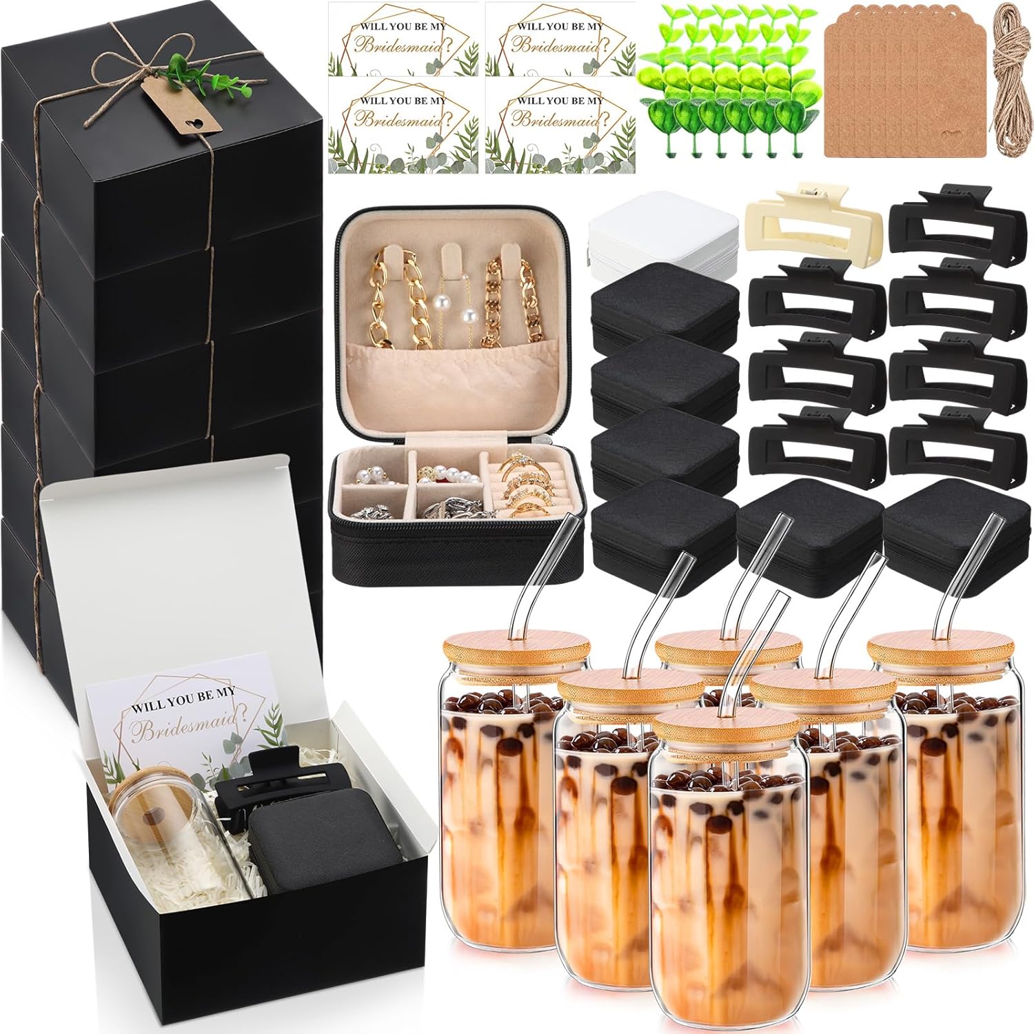 Quelay 56 Pcs 8 Set Bridesmaid Proposal Gift Set, 15 oz Glass Cup, Box, Square Clips, Will You Be My Bridesmaid Invitation Card Gift Box for Bridal Shower Bachelorette Party(Classic,White and Black)