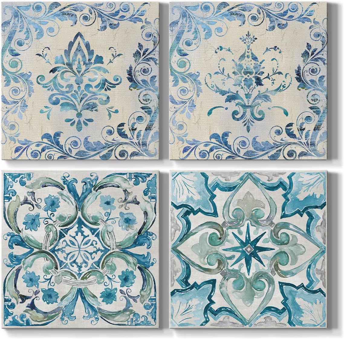Renditions Gallery Blue Abstract Wall Art 12 x 12 inches Set of 4 Flower Pattern Canvas Prints Wall Decoration for Living Room Bathroom Bedroom