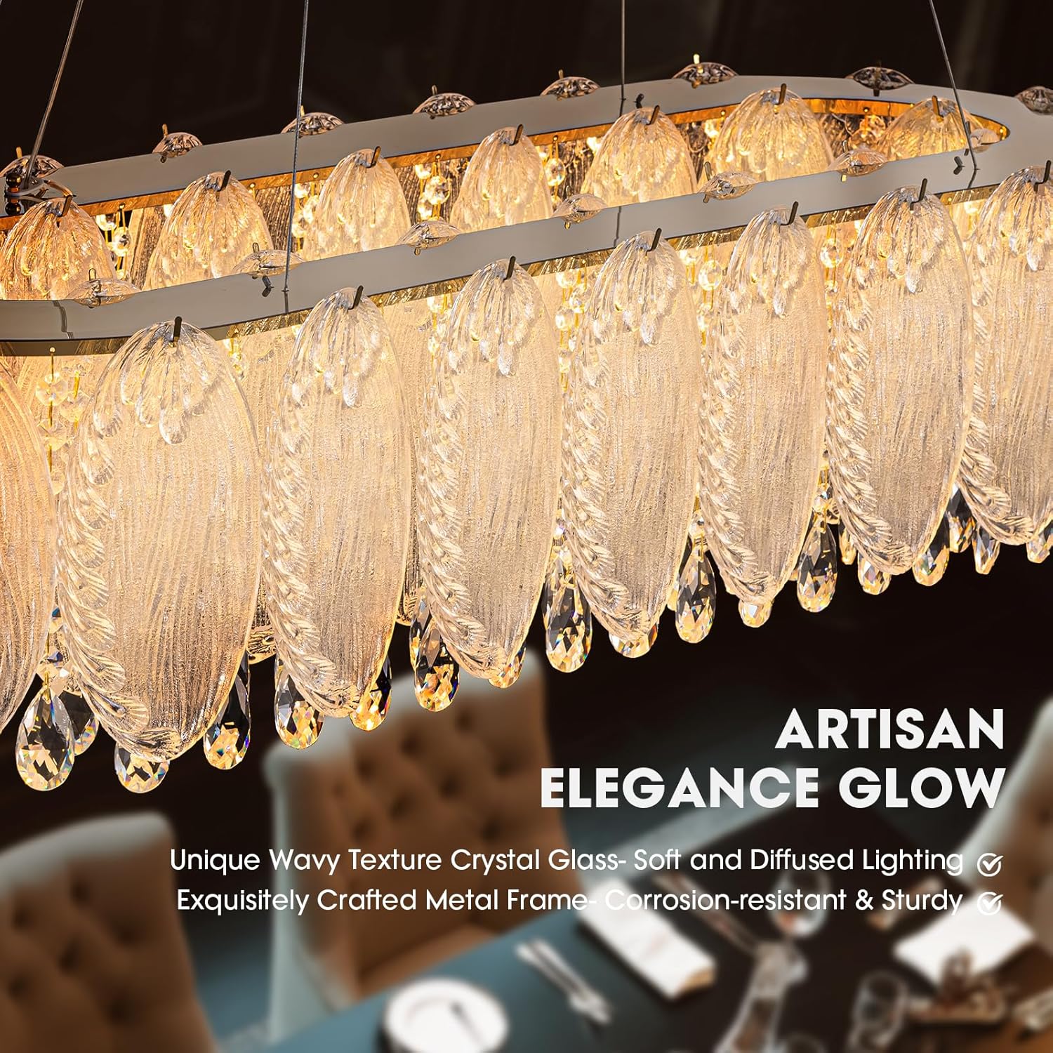 Modern Gold Rectangle Chandeliers for Dining Room Kitchen Island Light Fixture, Water Ripple Crystal Glass LED Chandelier for Living Room, 2700K-6000K