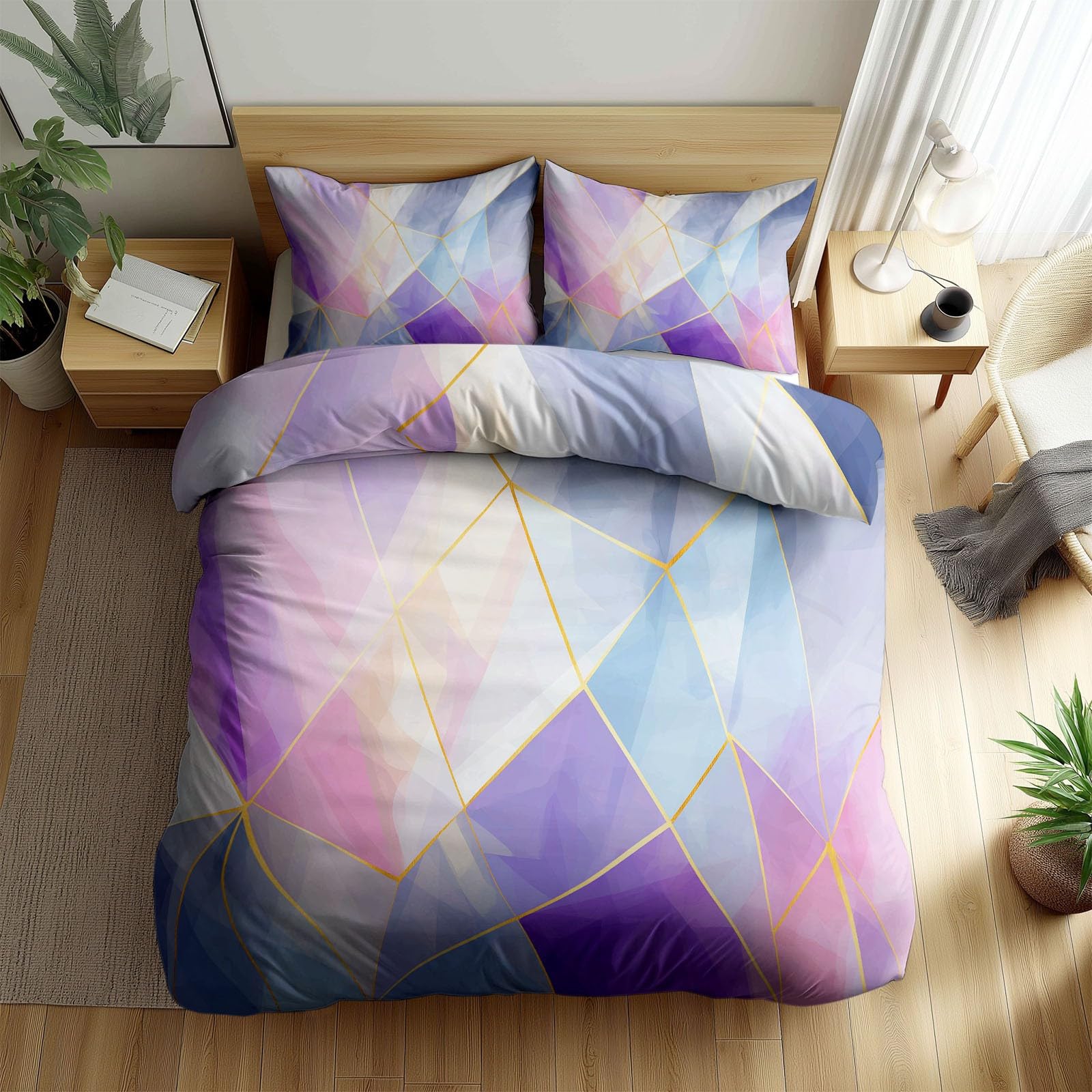 Komplet pościeli z mikrofibry, z zamkiem błyskawicznym, abstrakcyjny geometryczny wzór, wielokąt, lawendowo-szary, 155 x 220 cm, łatwy w pielęgnacji, hipoalergiczny