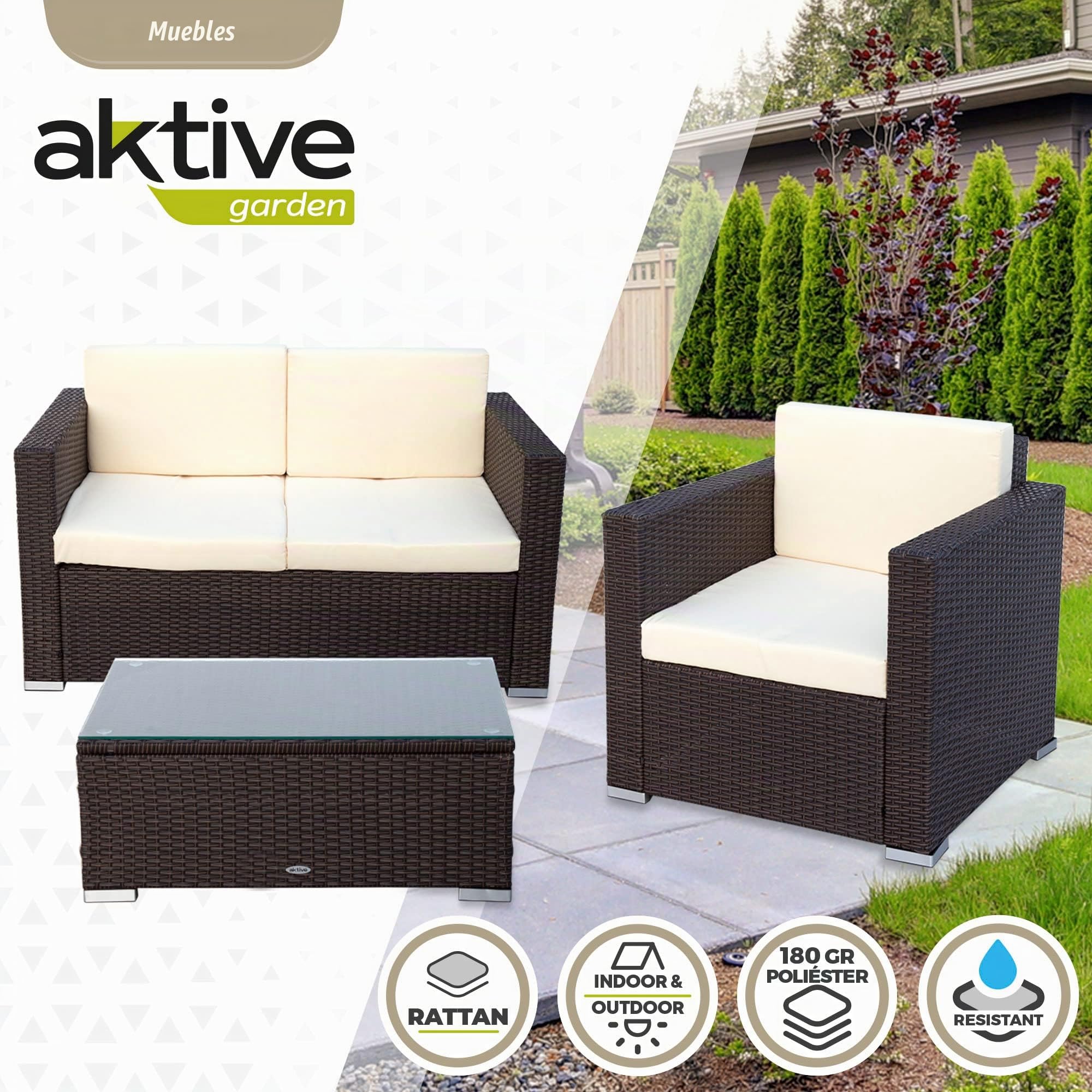 AKTIVE 61071 - Conjunto jardín ratán muebles de exterior, Ratán set jardín, muebles terraza exterior, incluye 2 sillones jardín exterior, 1 sofá exterior y 1 mesa terraza exterior, Negro