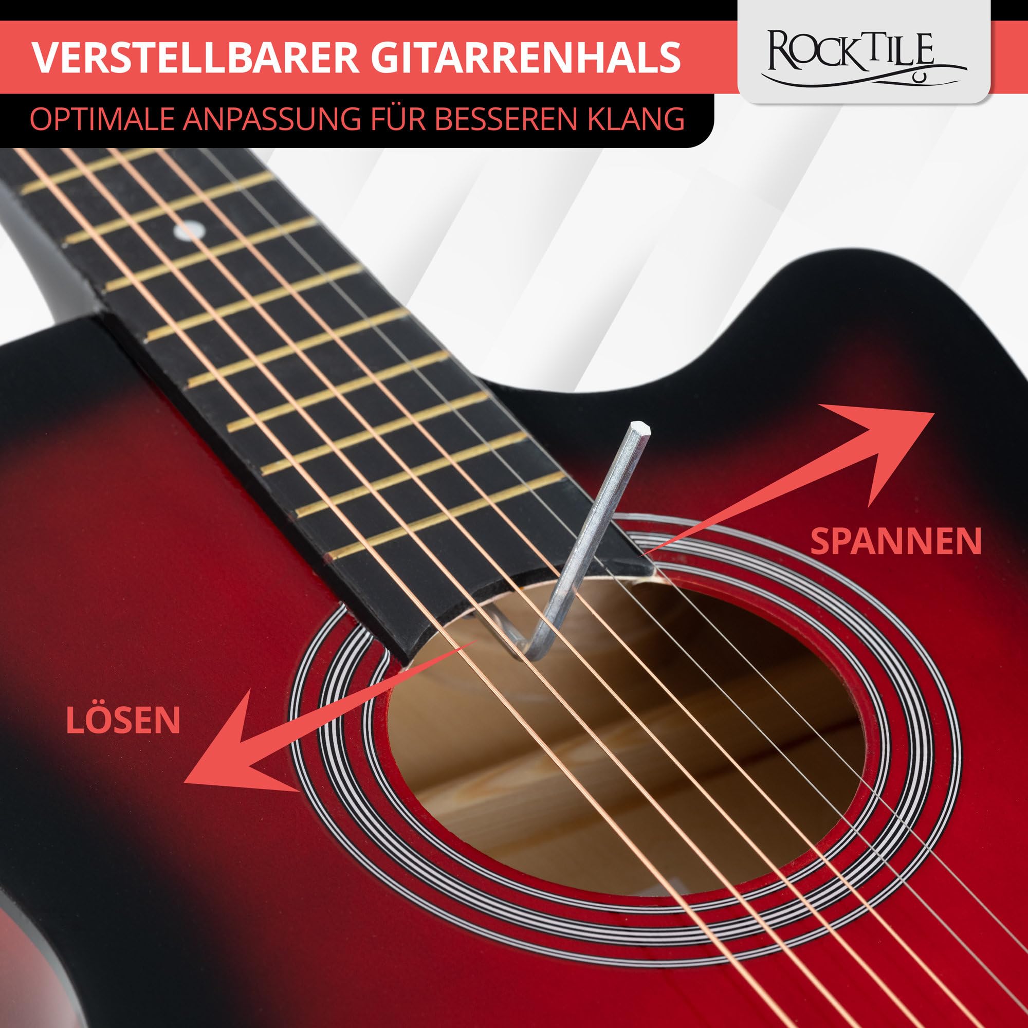 Rocktile WSD-5C-RDB Slim Line Set de Guitares Western - Guitare Acoustique Dreadnought - Corps en Tilleul - Manche : Catalpa - Set incluant housse, cordes de rechange, sangle et médiators - Redburst
