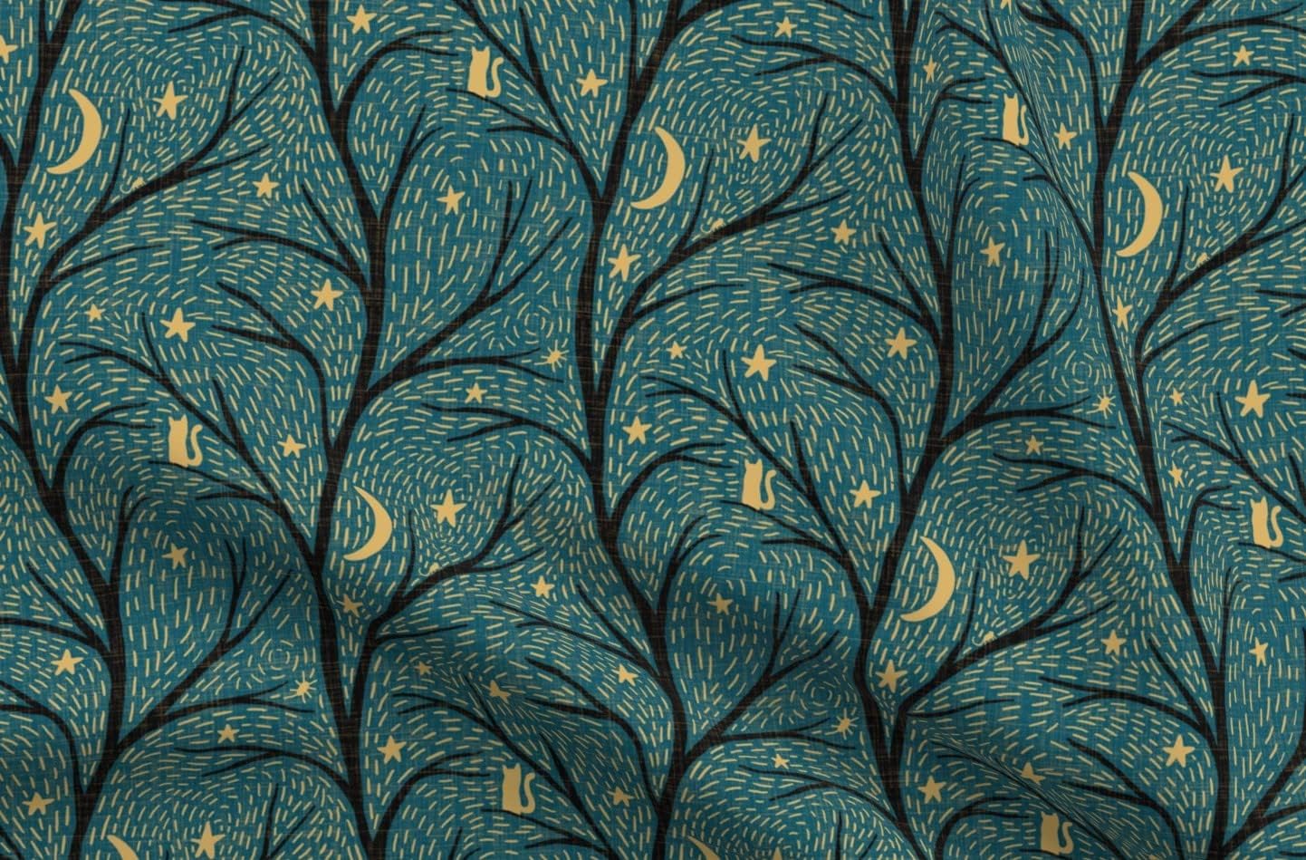 Spoonflower Fabric - Spooky Night Teal Vintage Star Cat Autumn Gothic Printed on Organic Cotton Sateen Fabric by The Yard - Sewing Quilting Apparel Home Decor