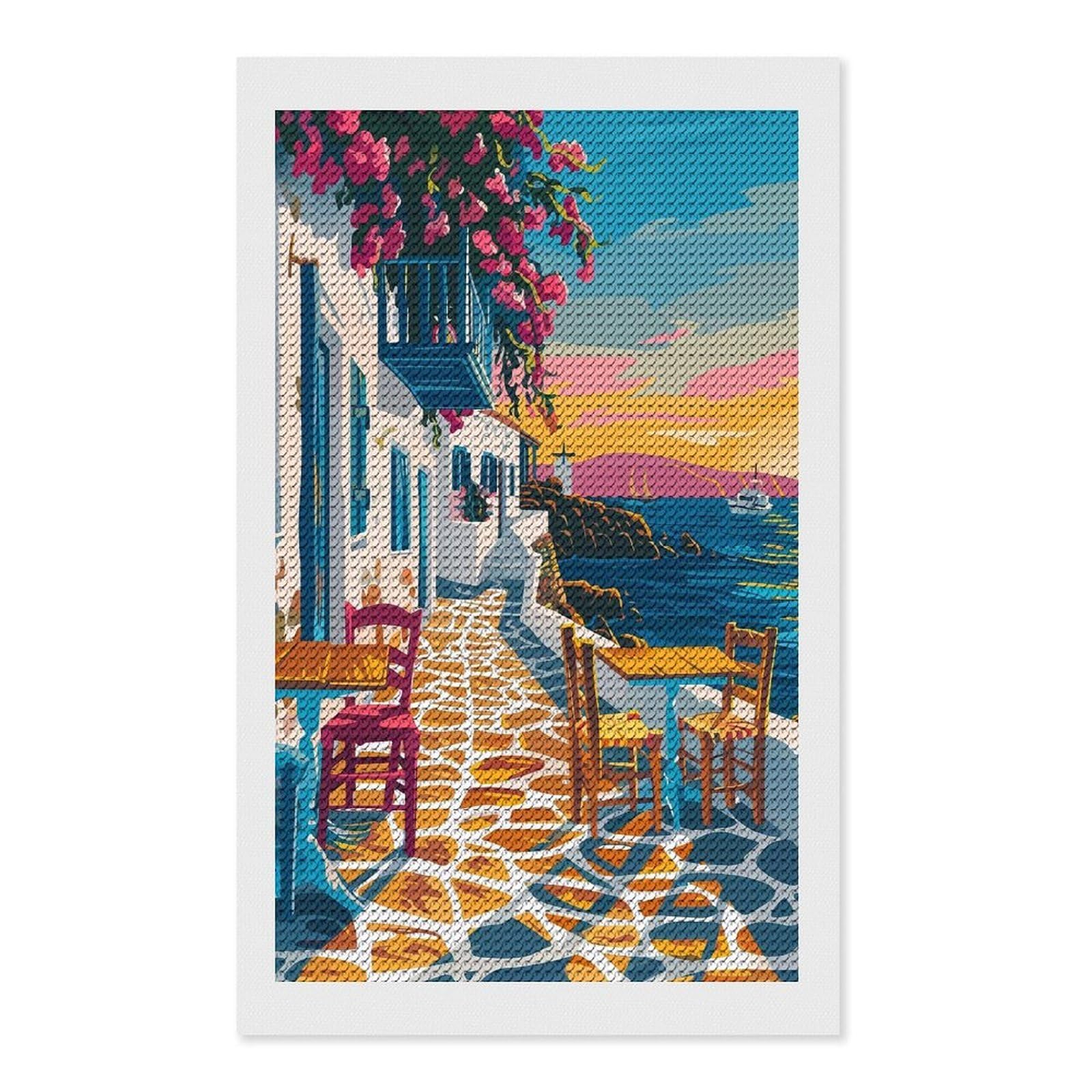 Junmoney Greece Summer Travel Art DIY Diamond Art Canvas Kit 12"x20", for Teens, Finish and Display, Holiday Gift Idea, Vintage Style Decor