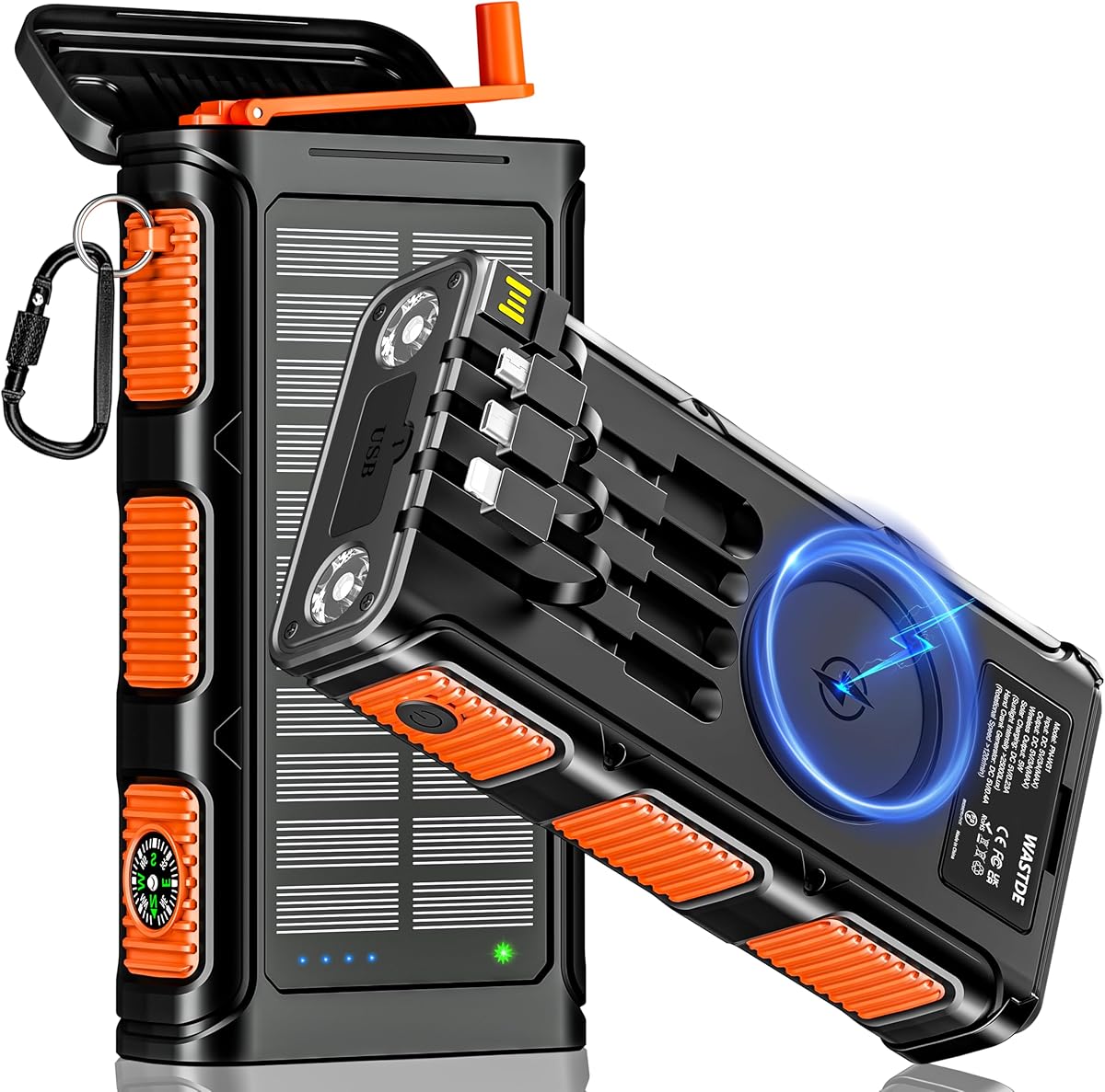 Power Bank Solar 26800mAh, Cargador Solar Inalámbrico con Manivela y 4 Cables, Powerbank Exterior Carga Rápida USB-C 7 Salidas y 5 Entradas para Teléfono Móvil,Batería Externa Impermeable para Camping