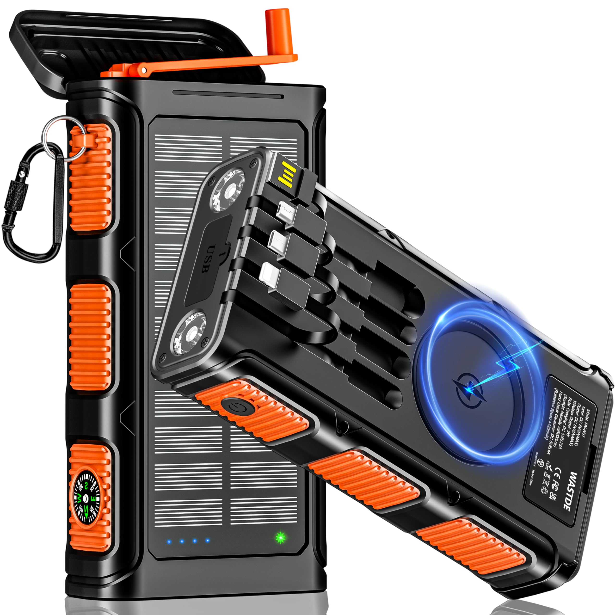 Power Bank Solare 26800mAh, Powerbank Wireless con Carica Solare, Manovella e 4 Cavi, Power Bank USB-C Ricarica Rapida 7 Uscite e 5 Ingressi per Telefono, Batteria Esterna Impermeabile per Campeggio