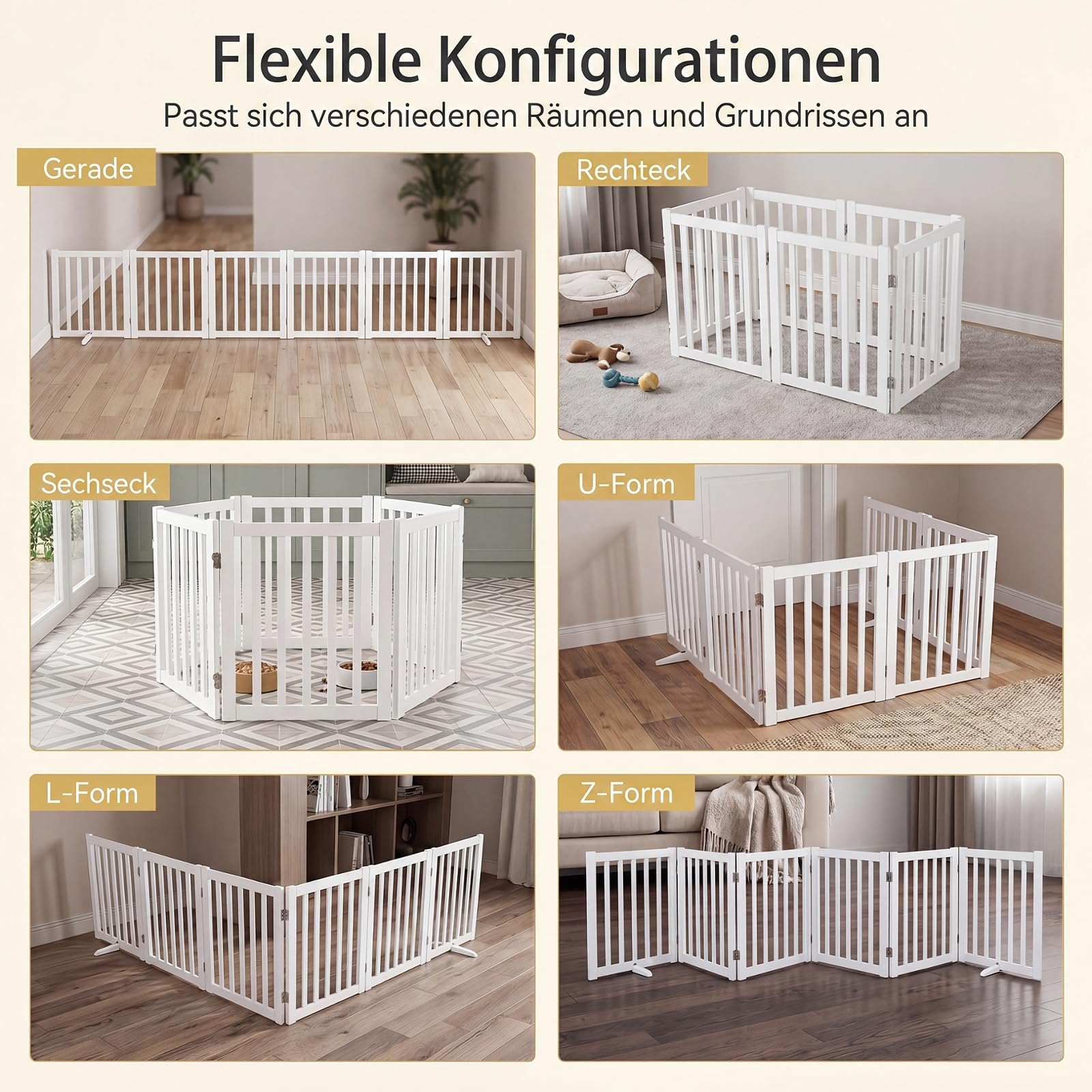 GYMAX 6-teilig Absperrgitter Hund, 61cm Hoch Schutzgitter aus Holz mit 360° Scharnieren & Dreibeinstand, Hundegitter, freistehendes Türschutzgitter für Türen, Treppen