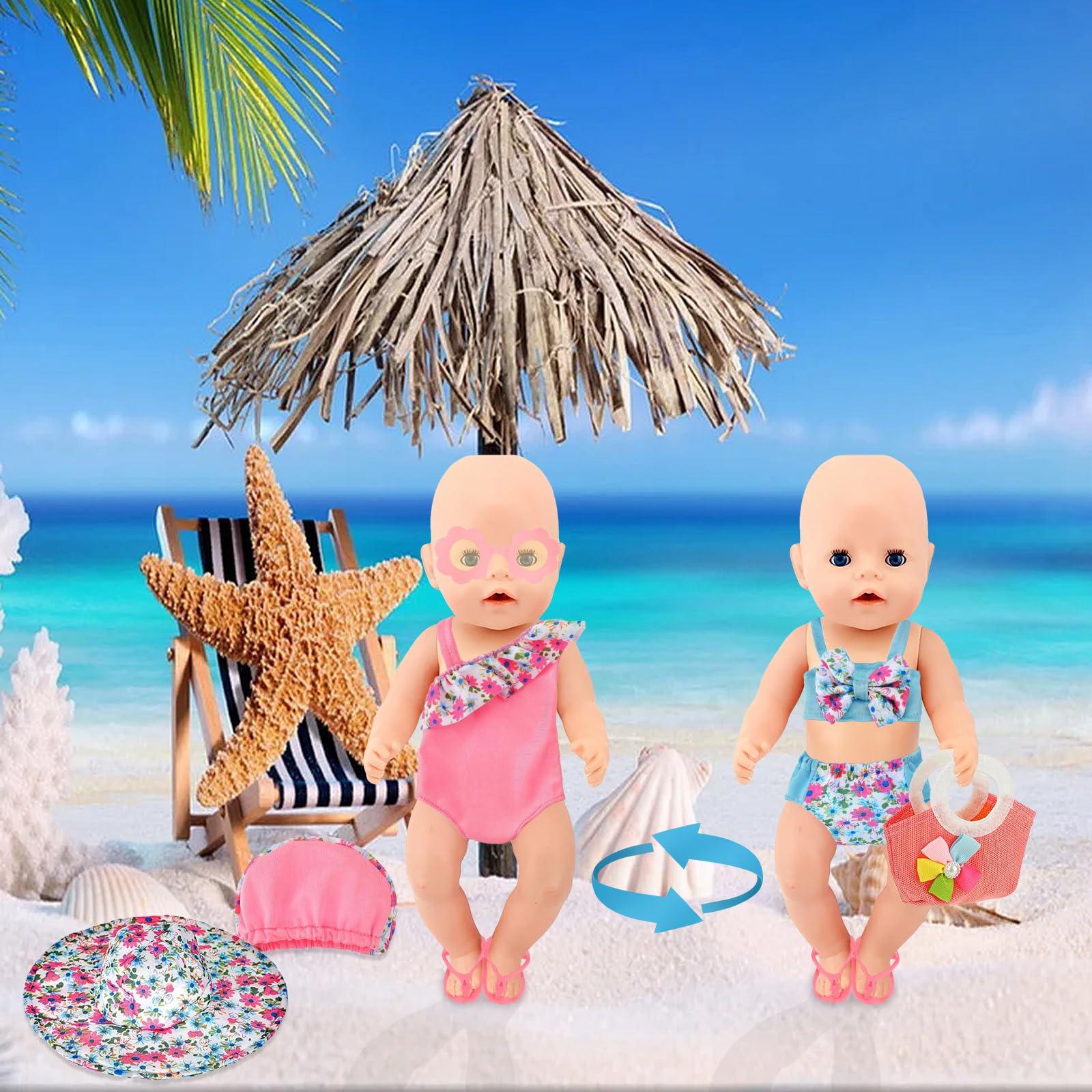 Set di Nuoto per Bambole 8 Pezzi, Estate Costume da Bagno per Bambole,Vestiti Bambole Reborn,Vestiti per Bambole per New Baby Born Bambola,Accessori per Bambole Reborn 35-43CM, Regalo per Ragazze