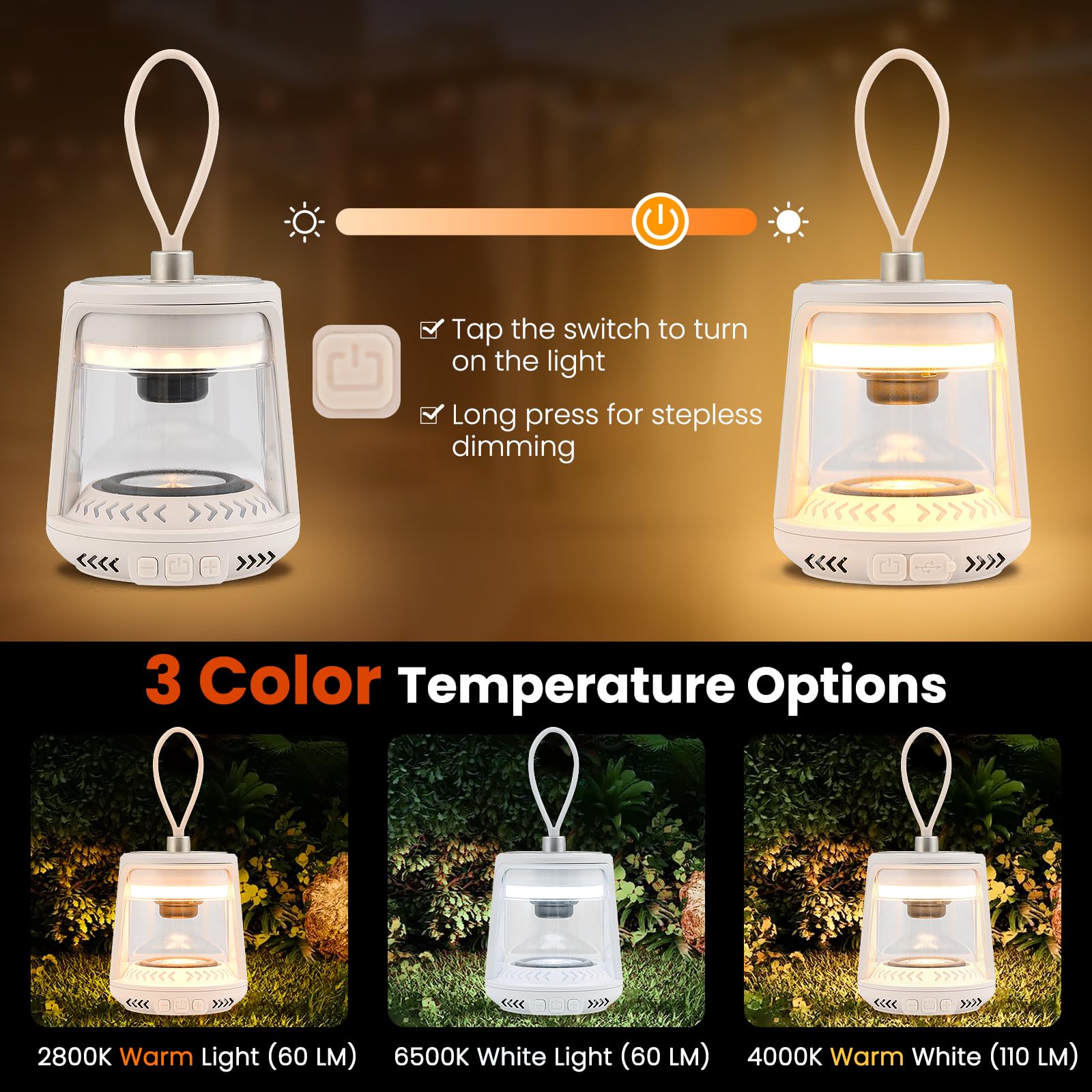 Toolsempire LED Camping Lantern with 3 Light Color, Flickering RGB Mode, Magnetic Base & Flexible Handle, Rechargeable Camping Lighting for Patio, Pool Party & Hiking