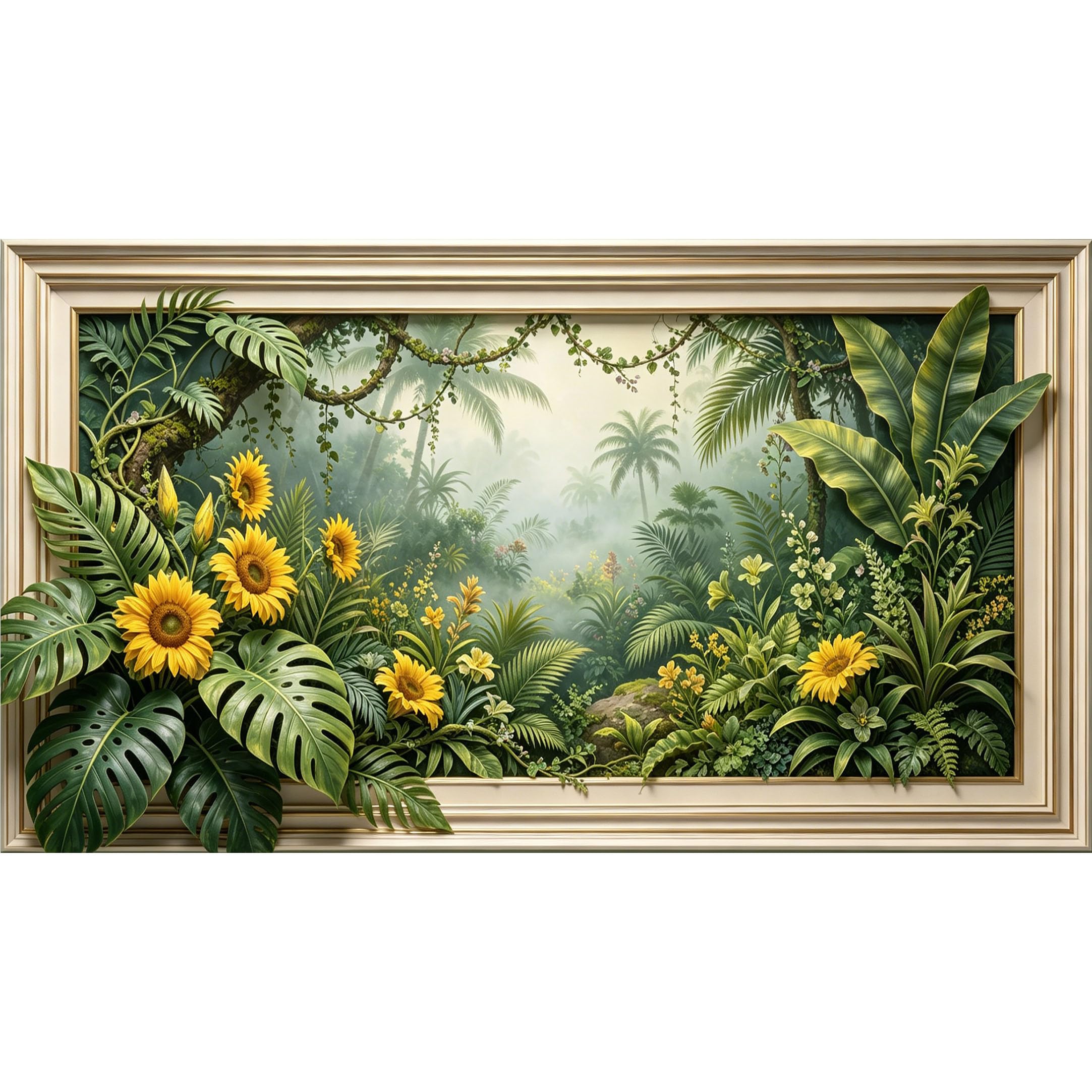 QZLITHOTIC 50×90cm3D Framed Wall Art， Tropical Sunflower Jungle Botanical Mural， Water?Activated Peel & Stick Fabric Decor Wall Decal for Bedroom Living Room