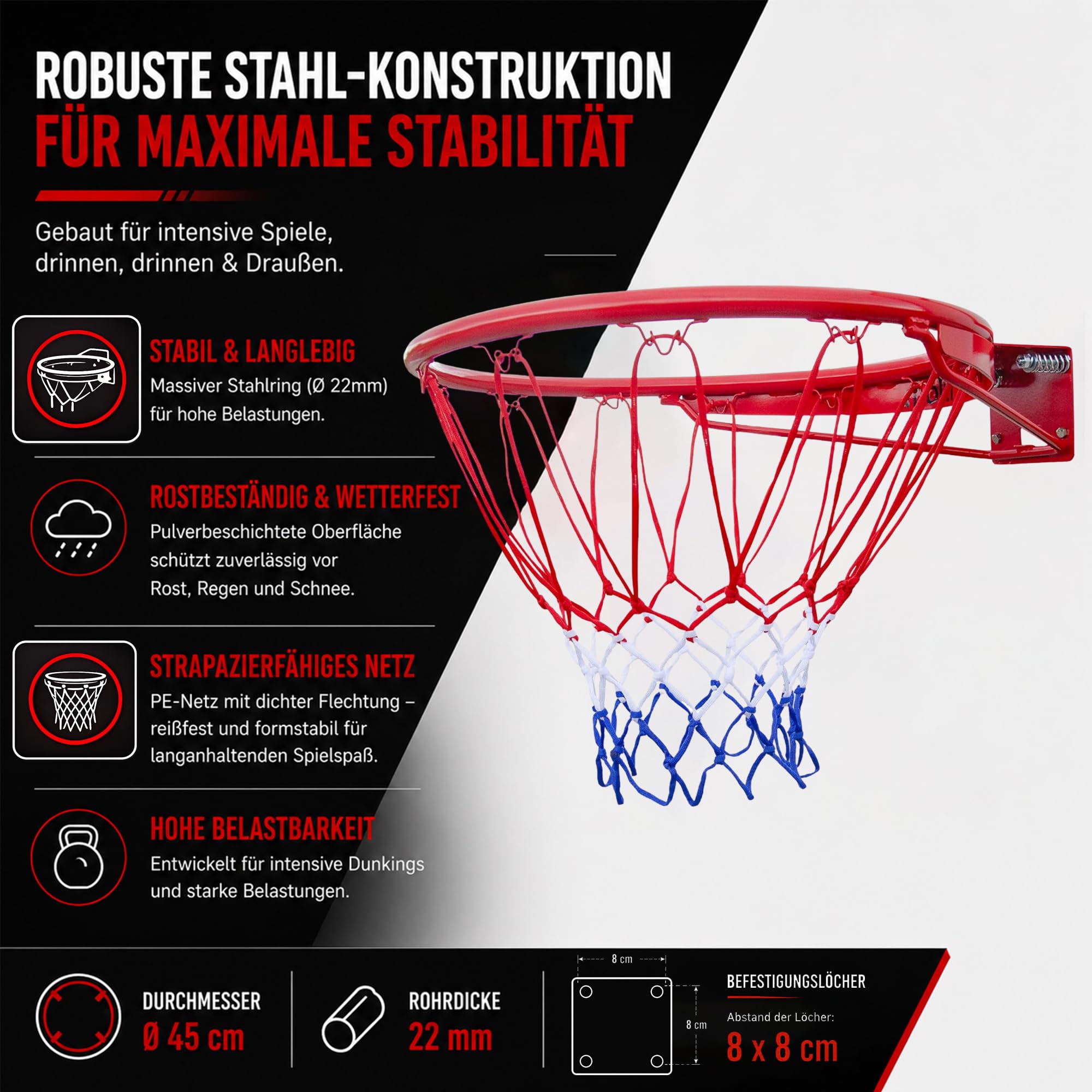 molti Canestro da basket, montaggio a parete, Ø 45 cm, anello da basket con rete per bambini, adulti, per esterni e interni