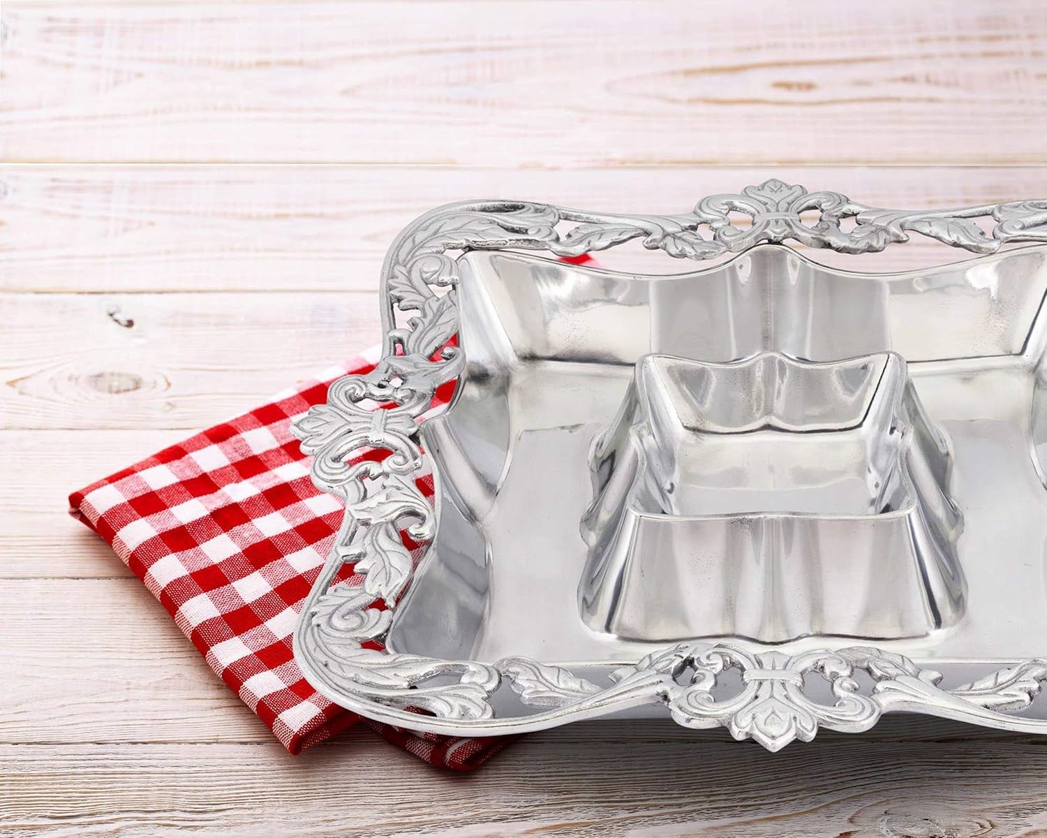 Arthur Court Designs Metal Chip and Dip Platter in Fleur-de-Lis Acanthus Pattern Sand Casted in Aluminum with Artisan Quality Hand Polished Designer Tarnish-Free 16 inch Diameter