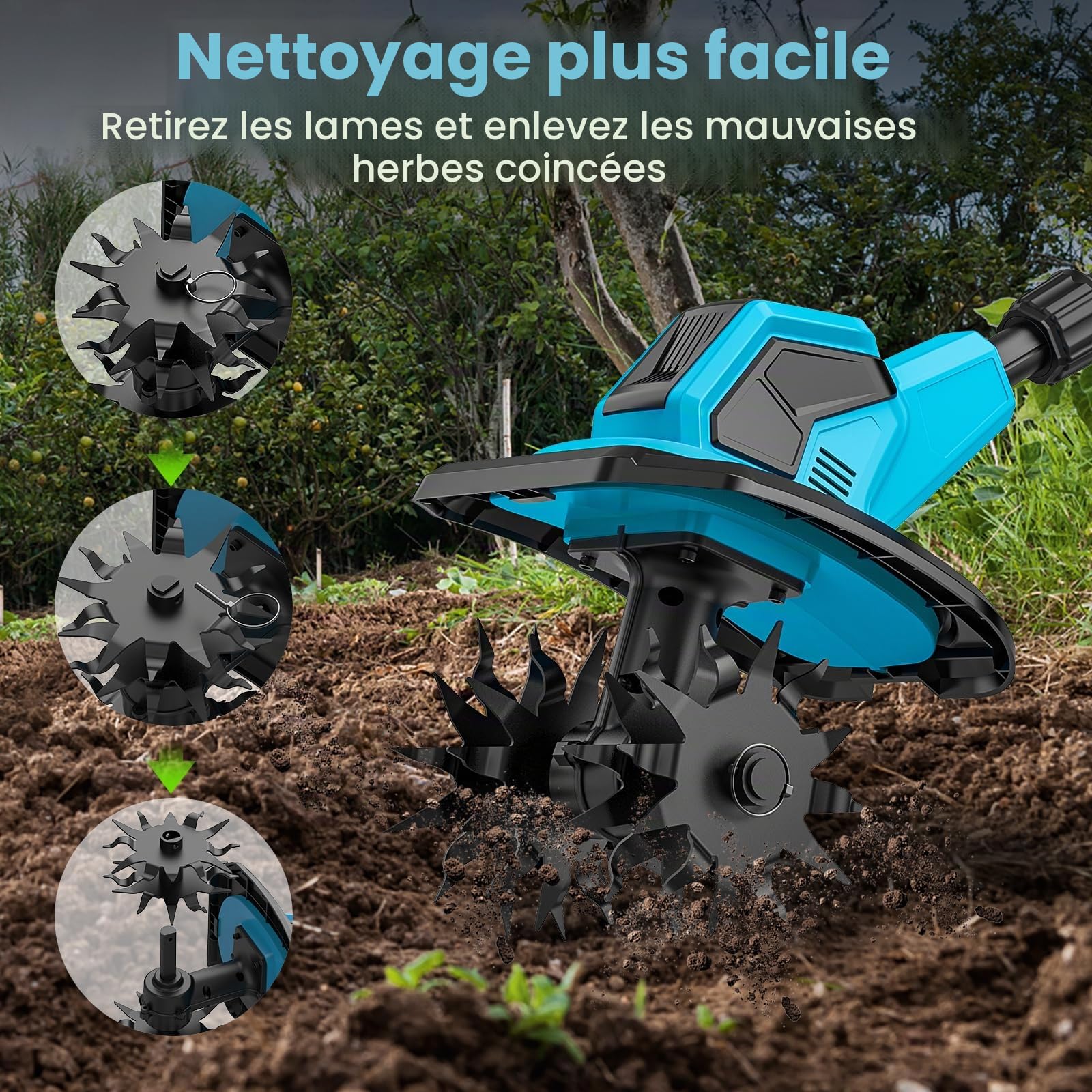 Motobineuse électrique sur Batterie 18 V, motobinatrice sans Fil, Largeur/Profondeur de Travail 10/25 cm, 360 TR/Min, Pliable, Tube télescopique, pour Jardin et Cours (1 Batterie)