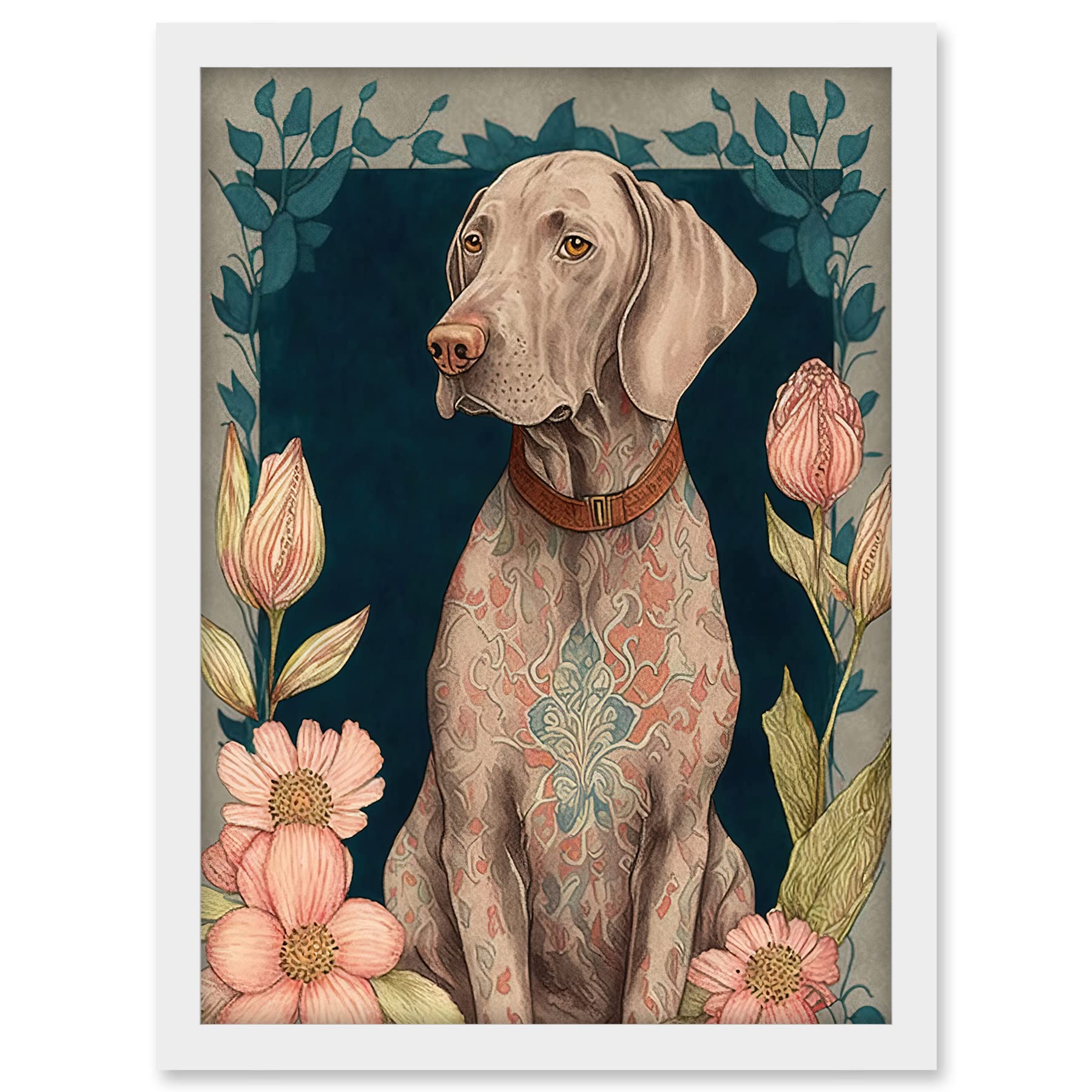 Artery8 Grey Weimaraner Dog with Ornate Pattern Fur Coat and Flowers Modern Art Nouveau Illustration Artwork Framed A3 Wall Art Print