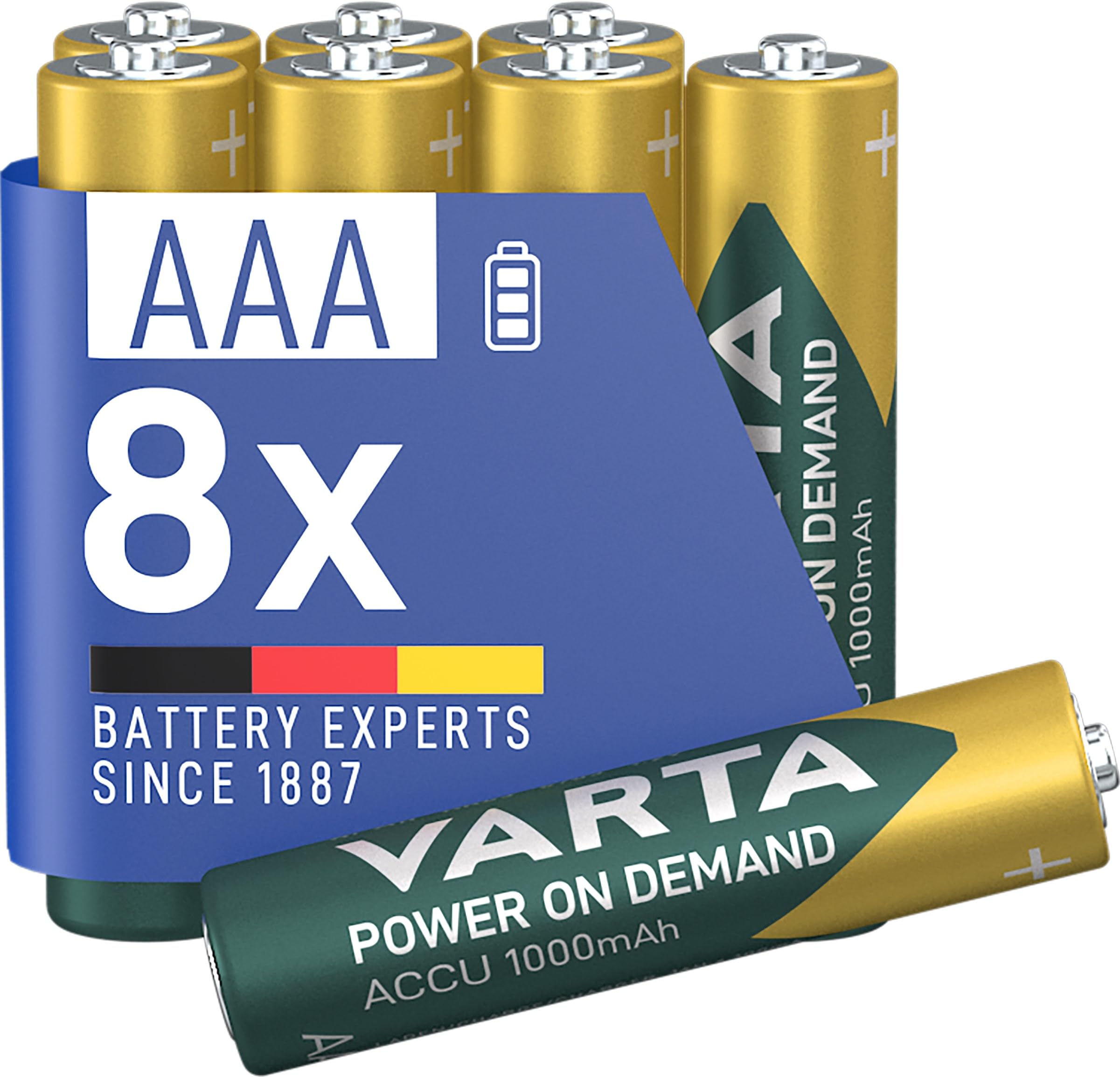 Power on Demand Rechargeable Battery Ready2Use Pre-Charged AAA Micro 1000 mAh Ni-Mh Battery, Rechargeable without Memory Effect, Ready to Use, Pack of 8