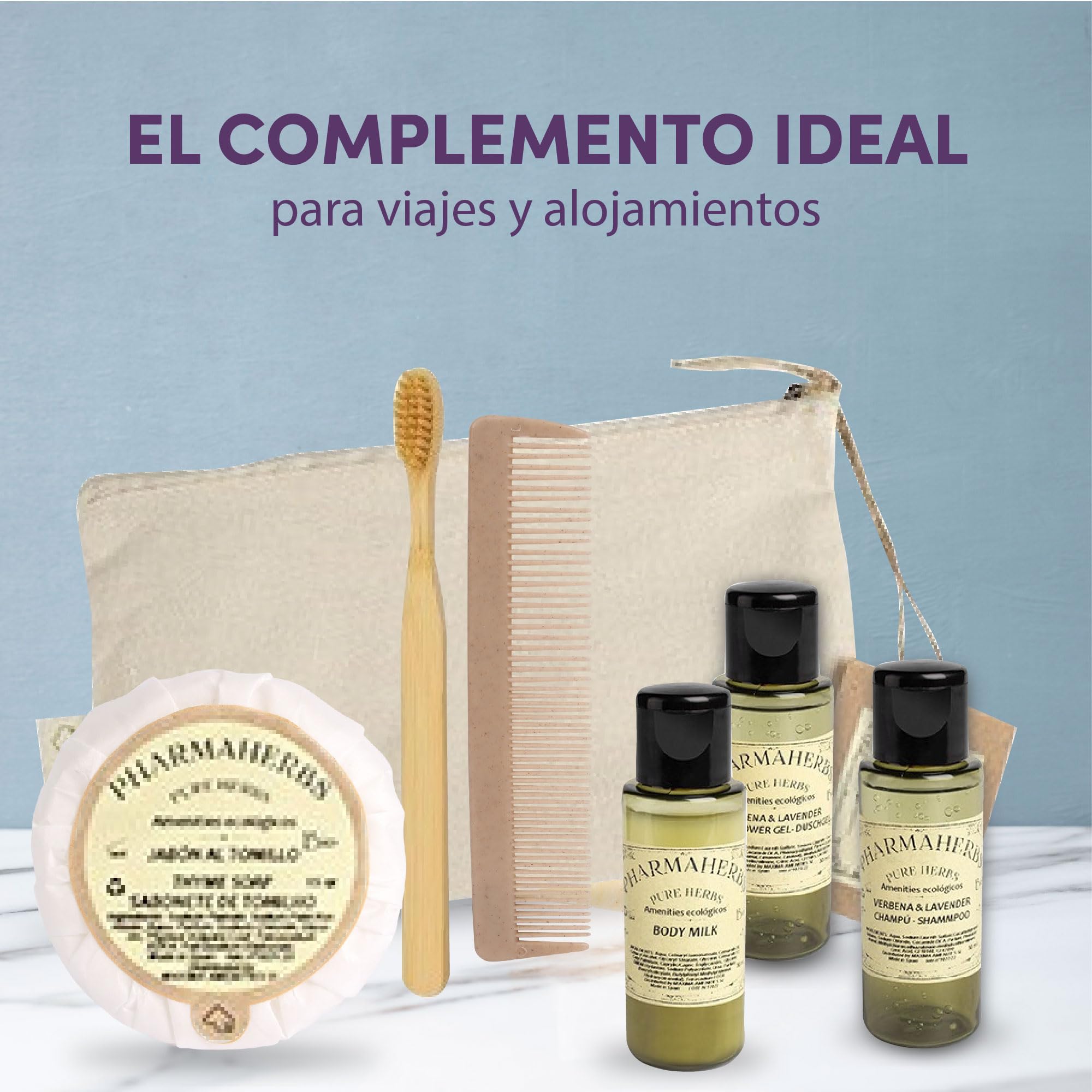 Pack de 50 Kits Completo en Neceser de Algodón - Incluye Gel, Champú, Body Milk, Jabón, Cepillo Dental de Bambú y Peine Biodegradable, Ideal para Hoteles y Viajes