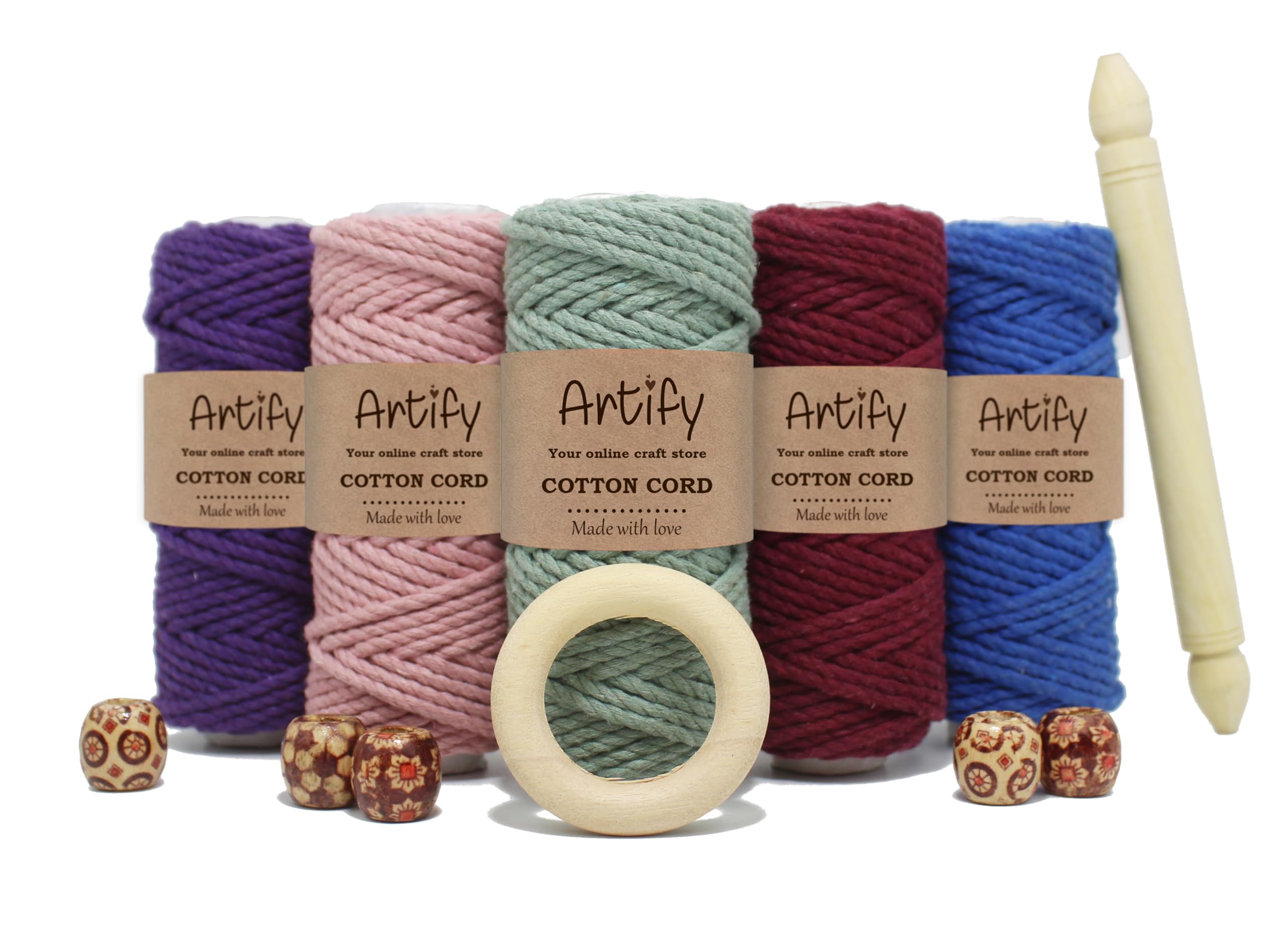 Artify | 3ply Twisted Cotton Cord kit/Combo (Each Color 200 Meter, 3mm) | Get Free Wooden Dowel, Ring, Beads | DIY, Crafts, Wall Hanger| Violet, Dusty Pink, Russian, Maroon, Royal