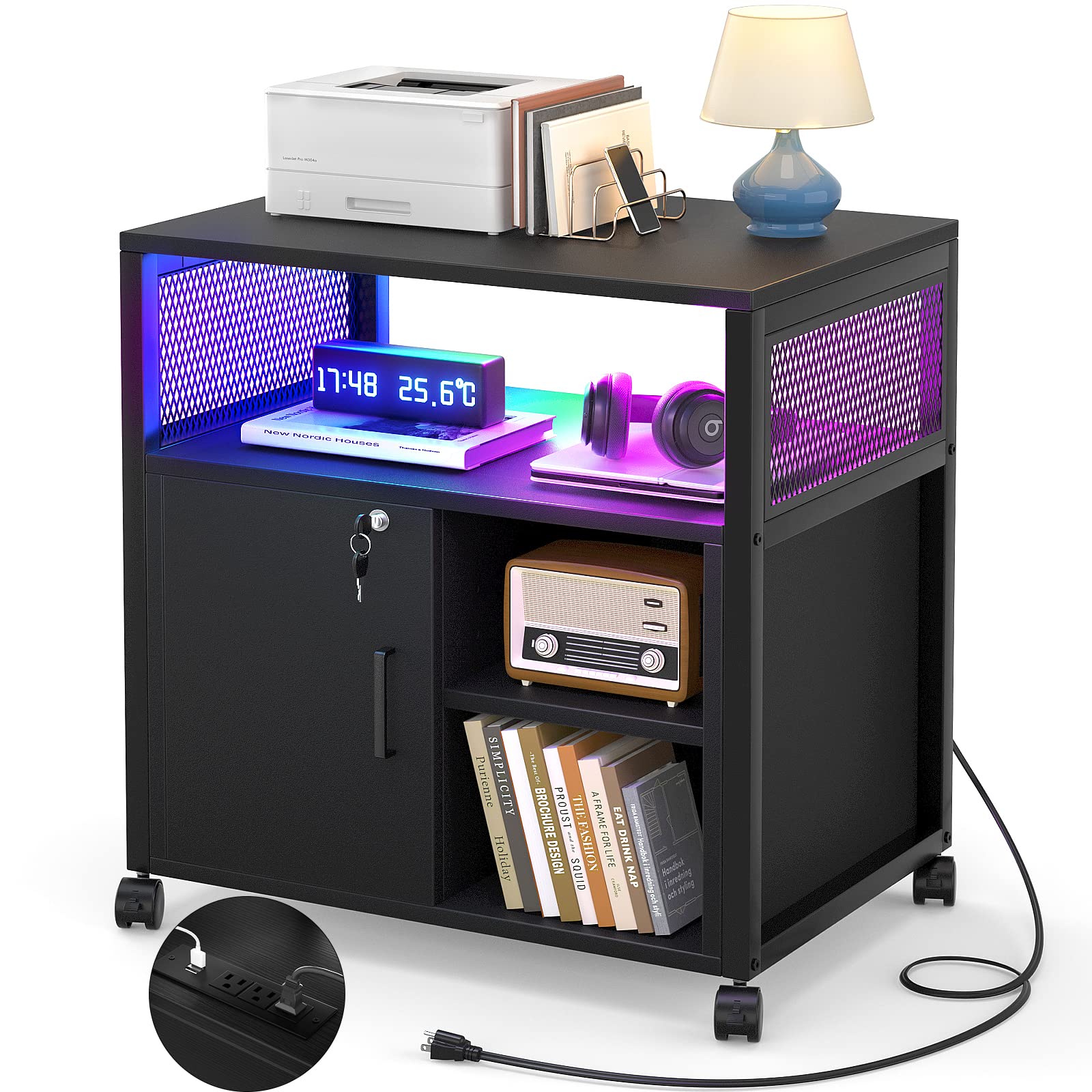 Photo 1 of Unikito File Cabinet with LED Lights, Lateral Filing Cabinet with Power Outlets and USB Charging Ports, Mobile Printer Stand with Storage, Office Cabinet for Letter, A4, Legal and File Folders, Black with LED Light Black